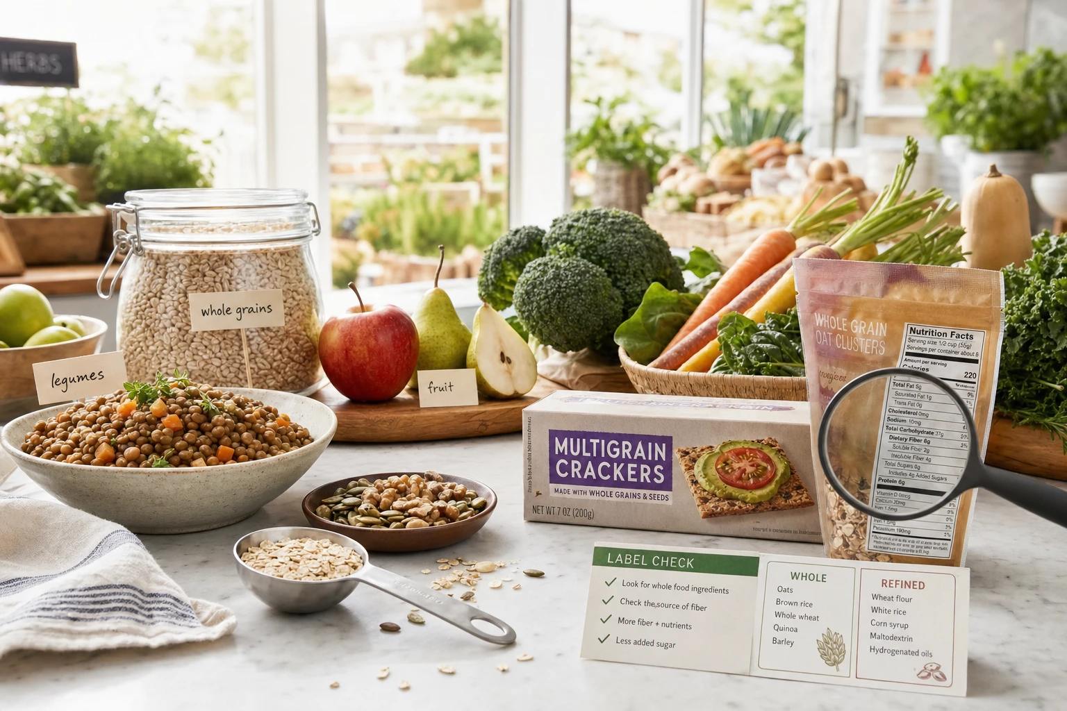 Still life of fiber-rich foods including legumes, whole grains, fruits, vegetables, and a packaged product with a nutritional label.