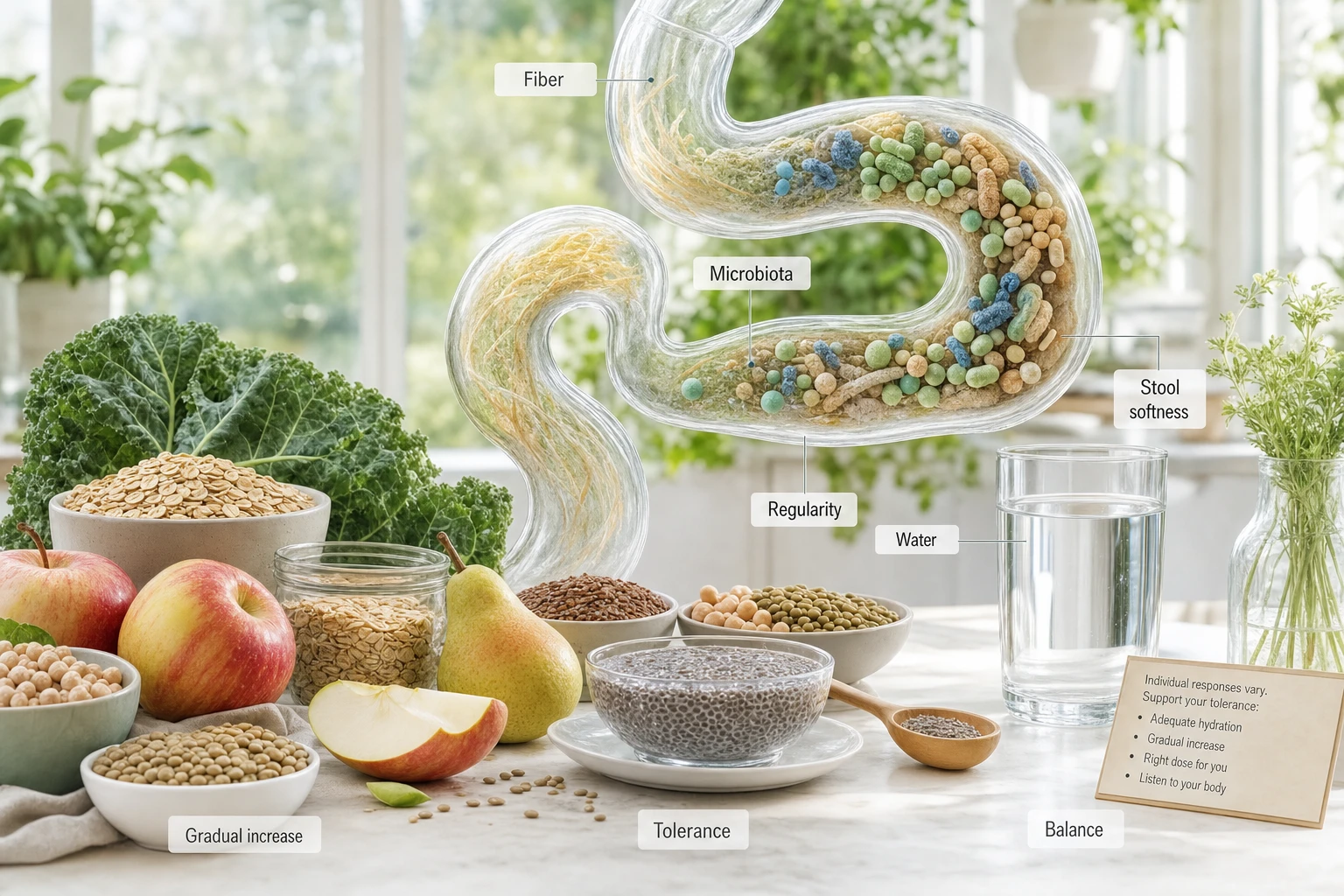Scientific composition with fiber-rich foods, stylized gut, and microbiota, to explain regularity and digestive tolerance.