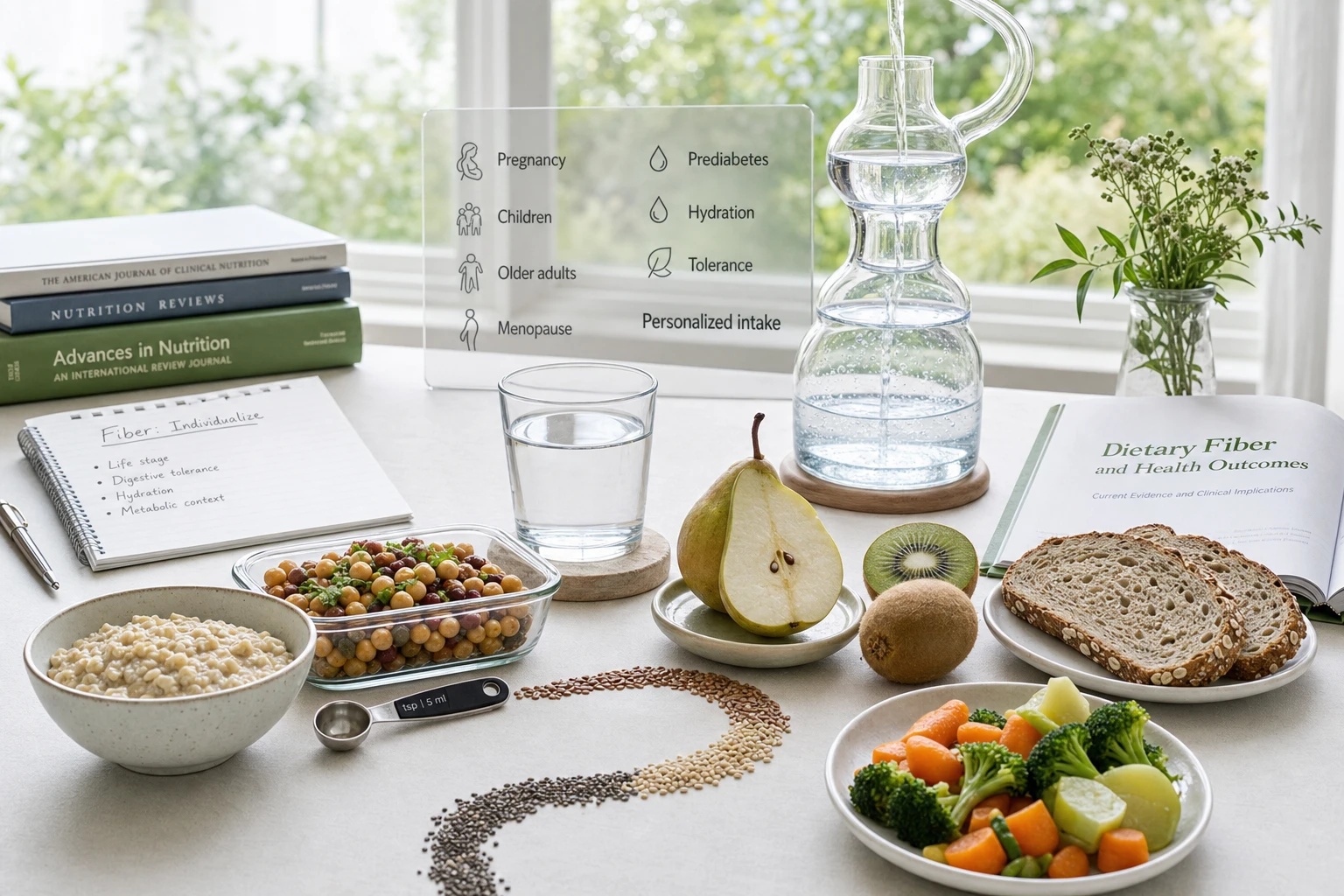 Scientific composition with fiber-rich foods, water, and labels on pregnancy, children, elderly, menopause, and prediabetes.
