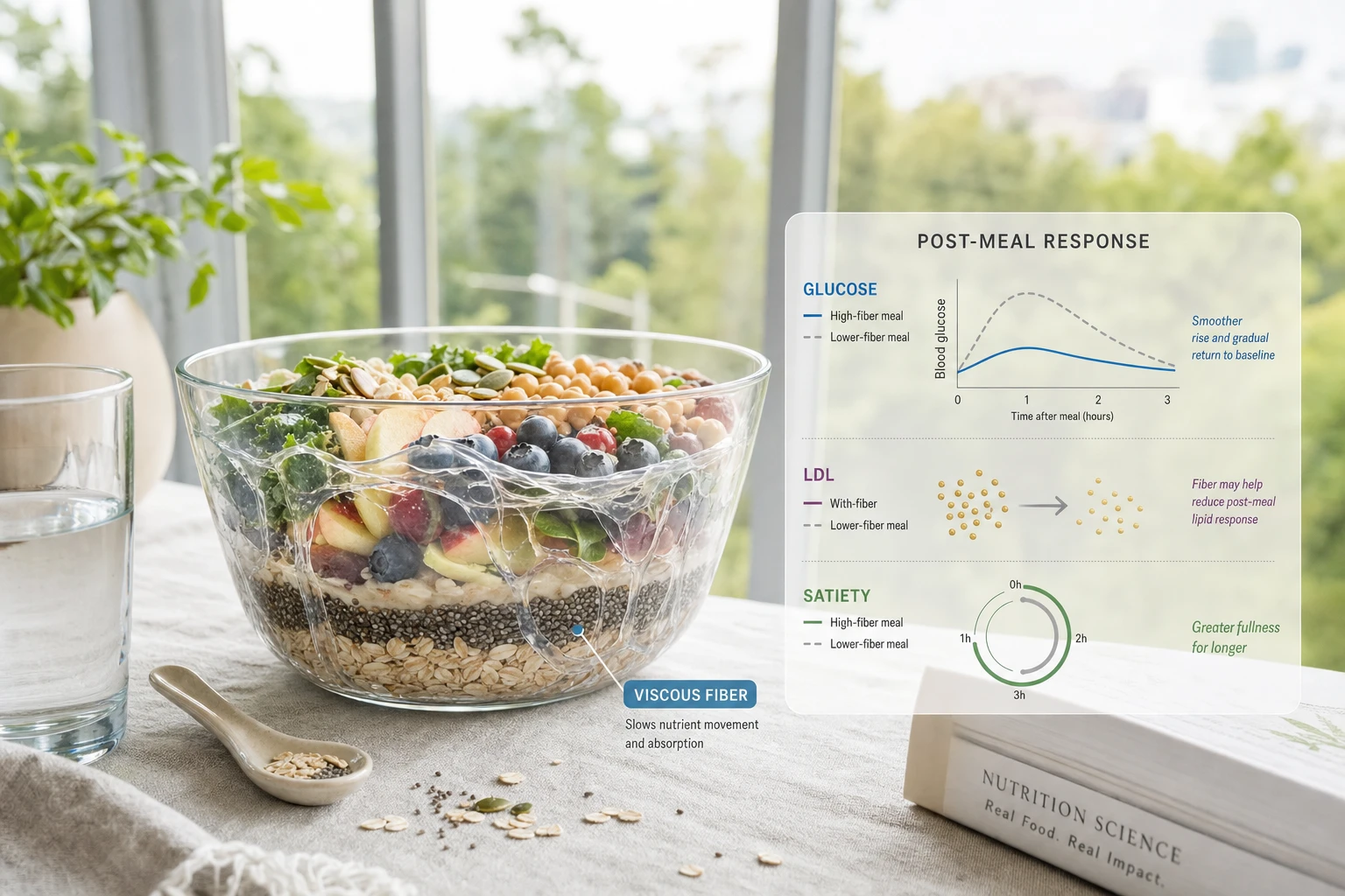Table with fiber-rich food and scientific graphs illustrating more gradual glycemia, modulated lipids, and increased satiety after a meal.