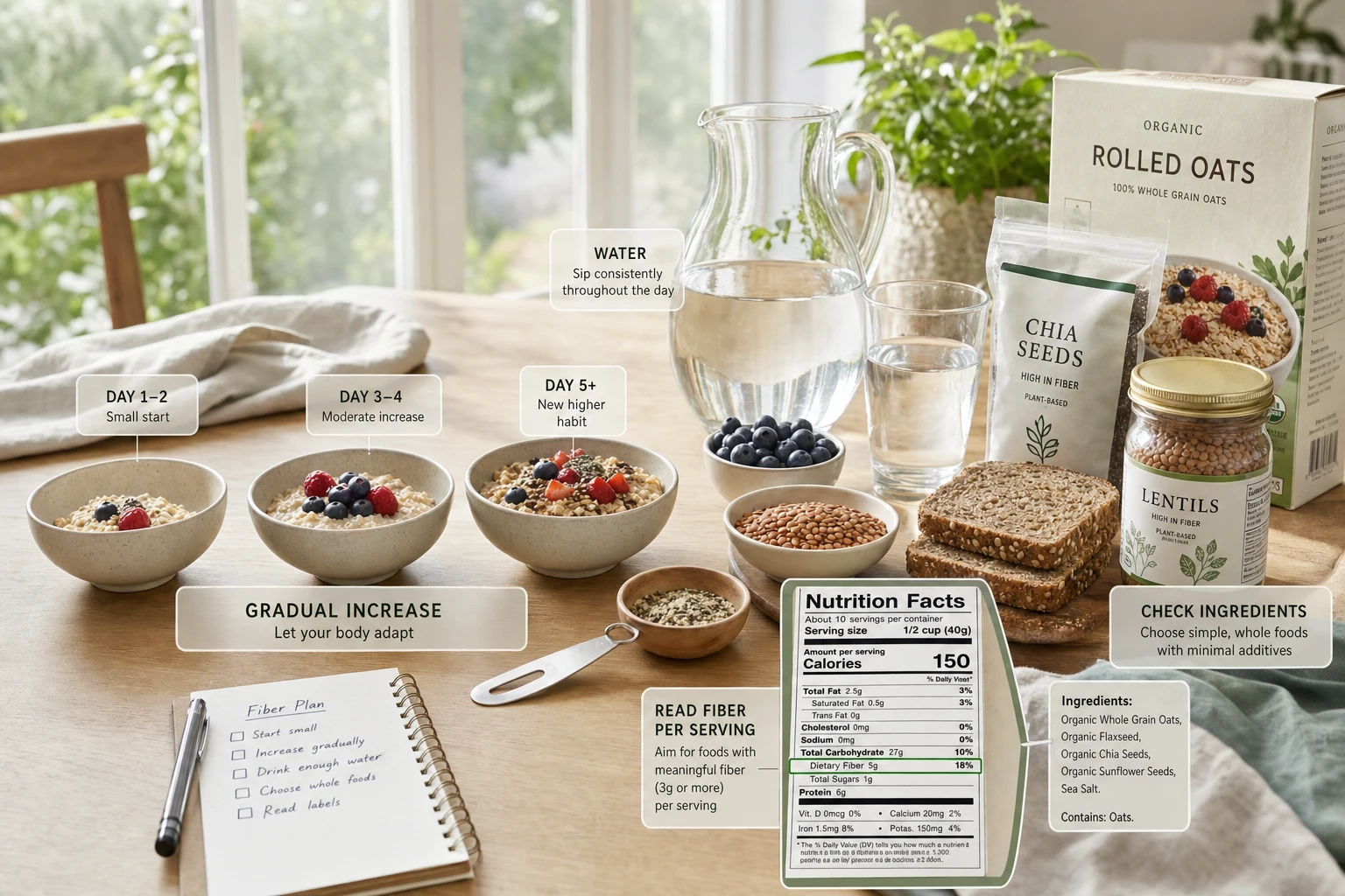 Still life with fiber-rich foods, water, and nutritional labels, to show a gradual increase without bloating.