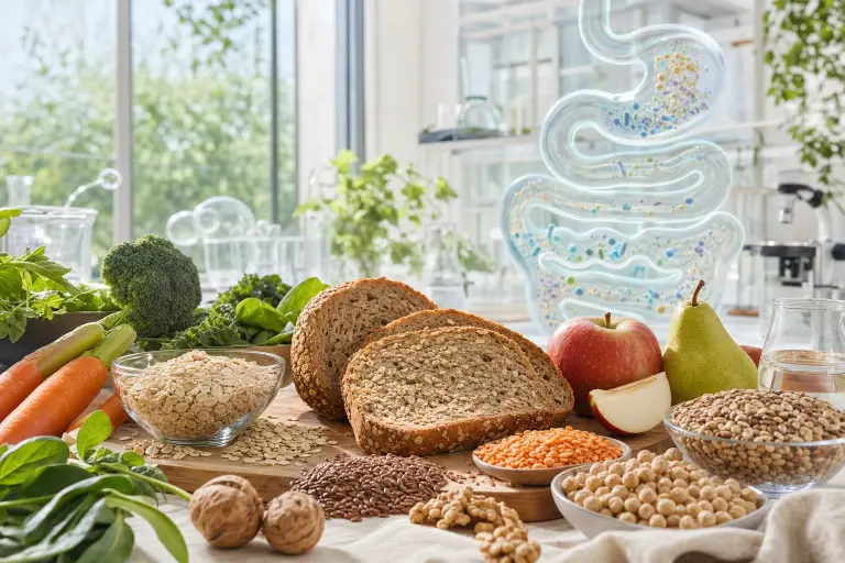 Still life of fiber-rich foods with a reference to the intestine and microbiota, in a bright and realistic editorial scene.