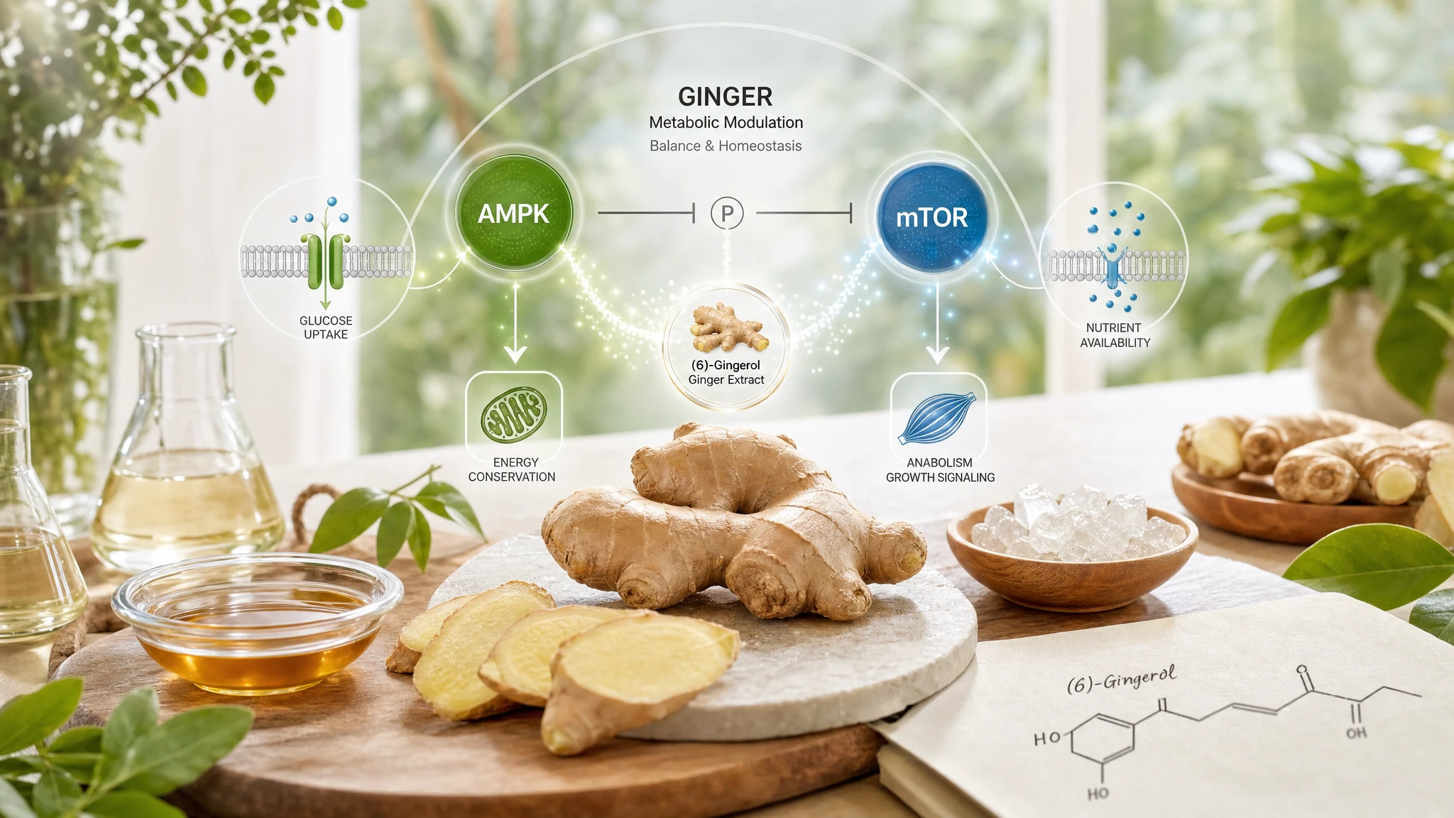 Ginger, AMPK, and mTOR represented as a metabolic balance between energy consumption and cell growth.