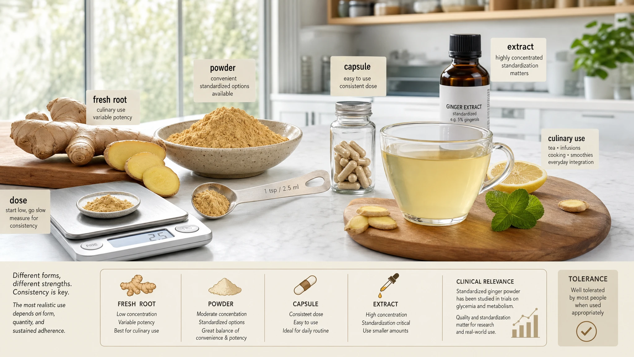 Fresh ginger, powder, capsules, and extract in a scientific home setting showing dosage, form, and dietary use.
