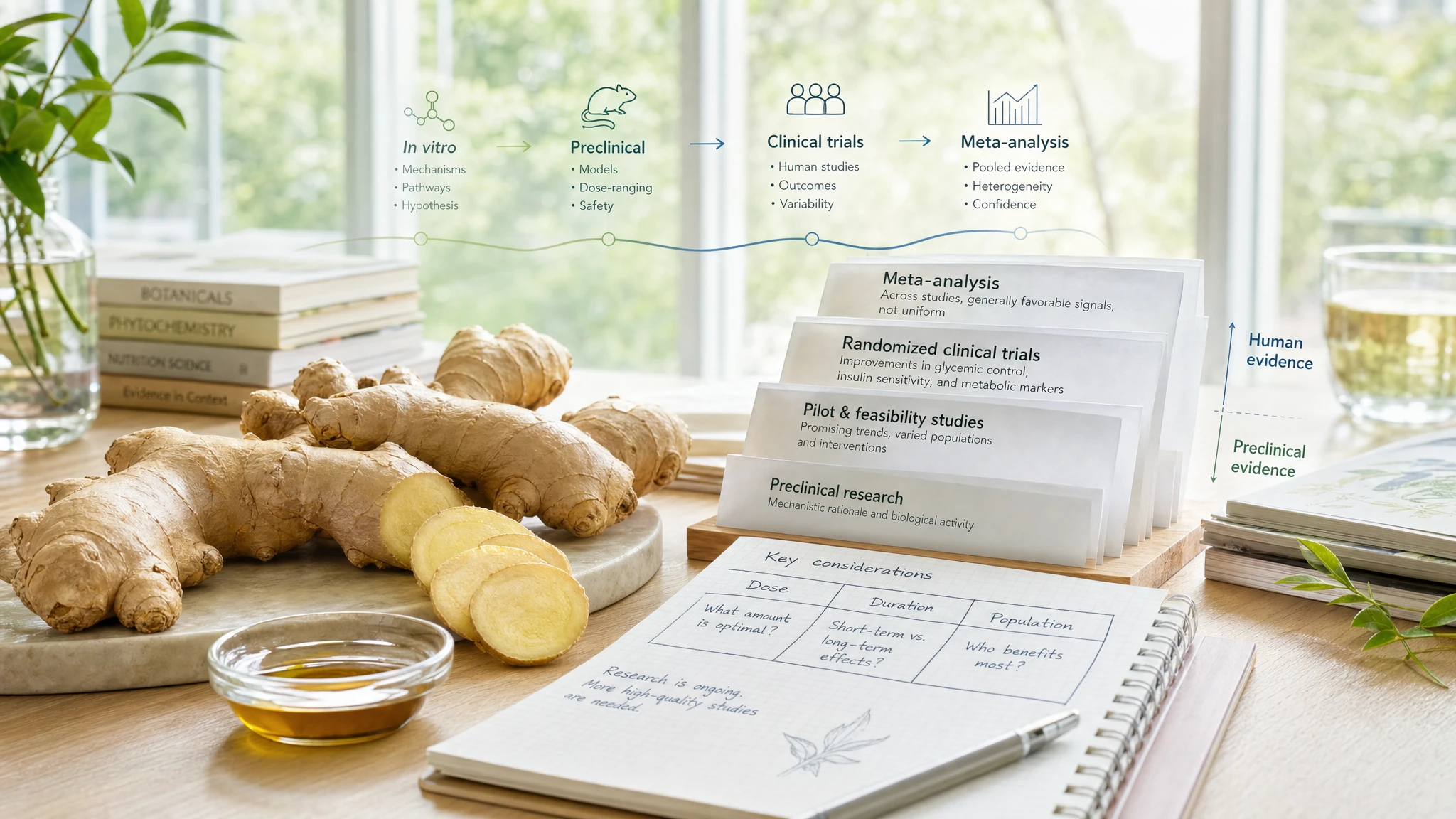 Ginger with superimposed scientific documents, representing clinical evidence, meta-analyses, and open questions on dose and duration.