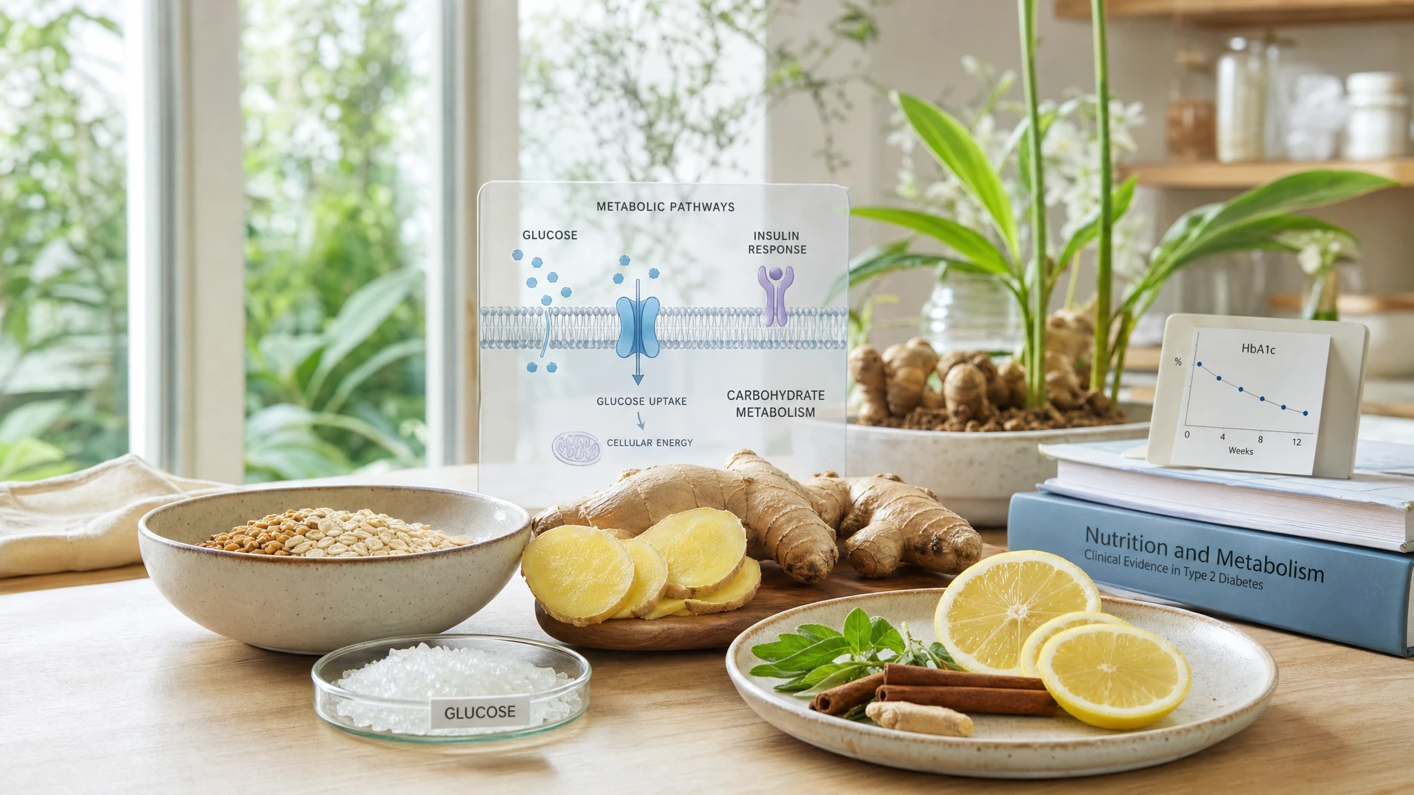 Scientific composition with ginger, cereals, and references to blood sugar regulation and carbohydrate metabolism.