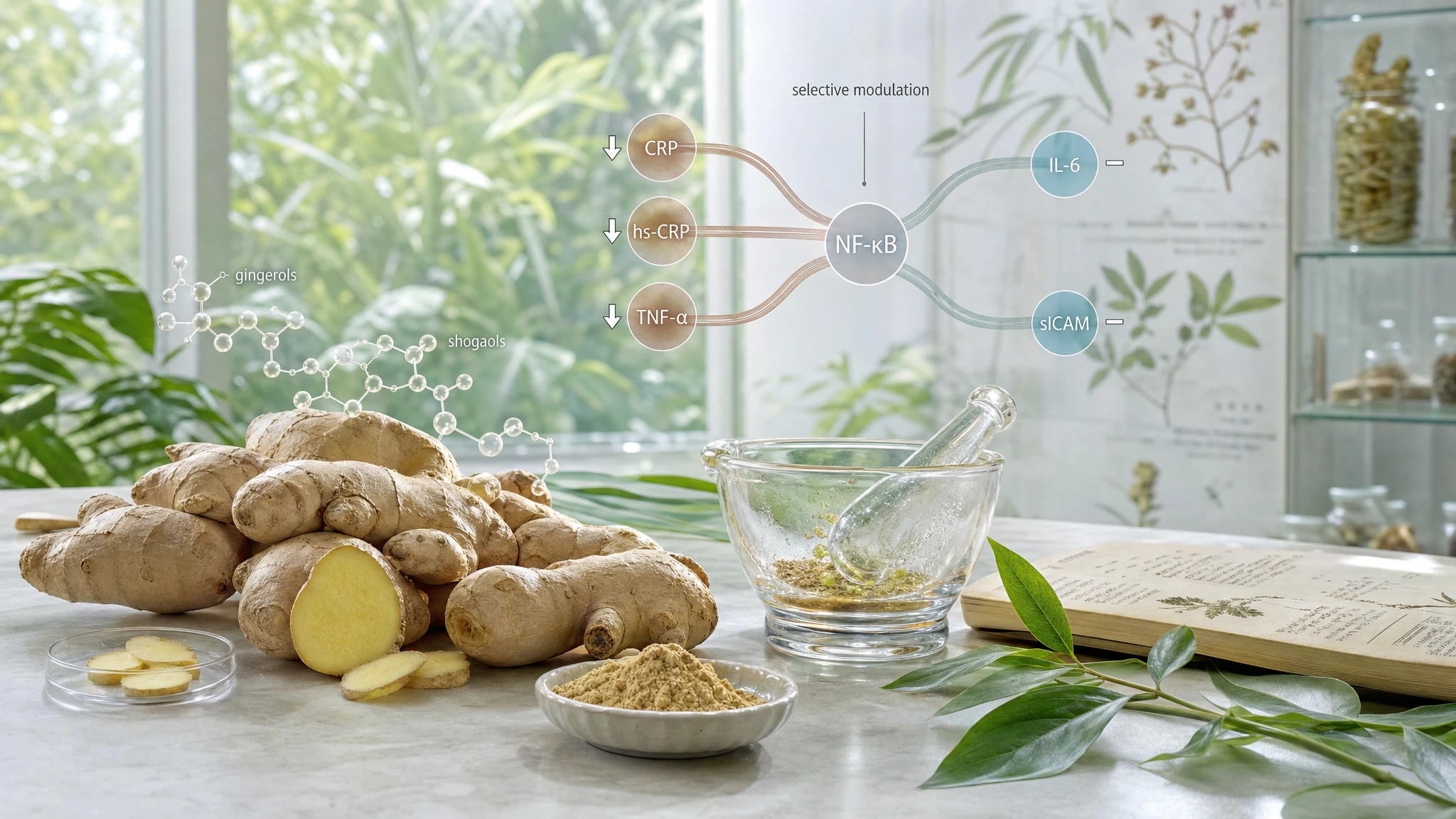 Fresh ginger with a molecular overlay showing selective biological modulation of inflammation and metabolism.