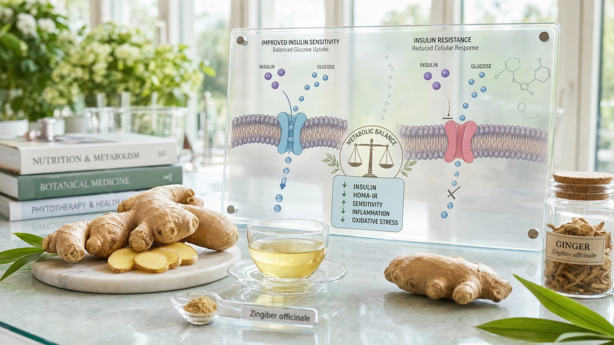 Fresh ginger and biological symbols of insulin sensitivity, with glucose pathway and references to HOMA-IR in a bright editorial scene.