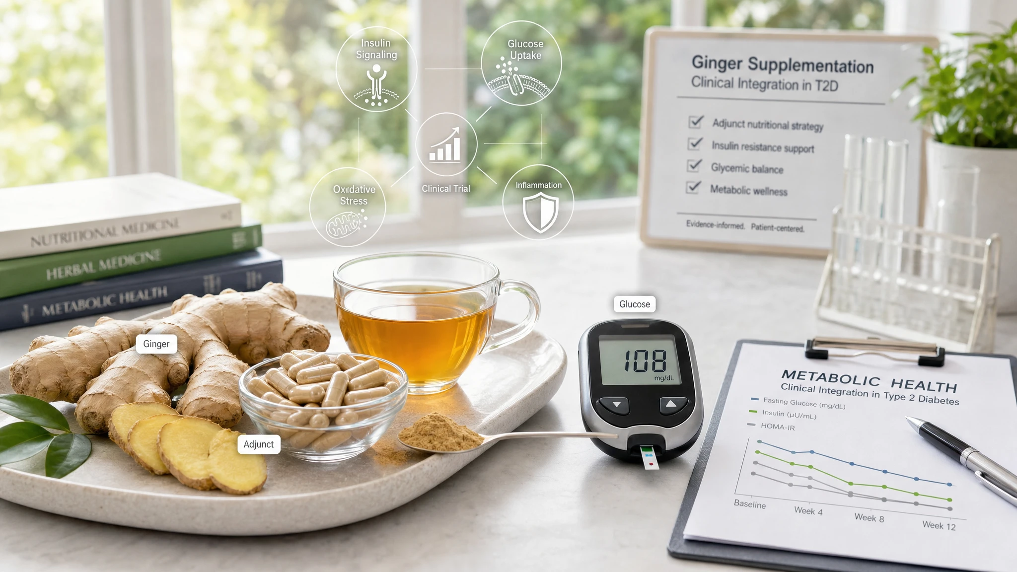 Fresh ginger, capsules, and infusion in a bright scientific scene evoking metabolic support and glycemic control.