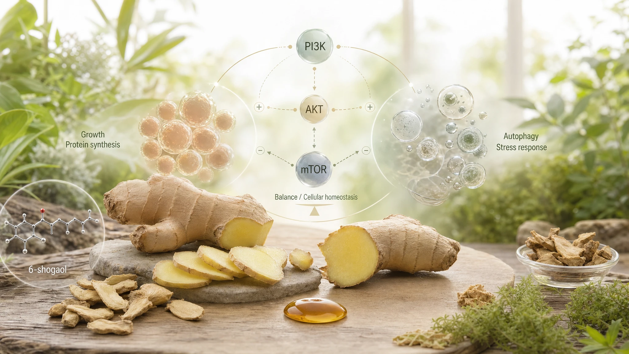 Ginger and 6-shogaol represented as selective modulation of the PI3K/AKT/mTOR pathway in a natural biological context.