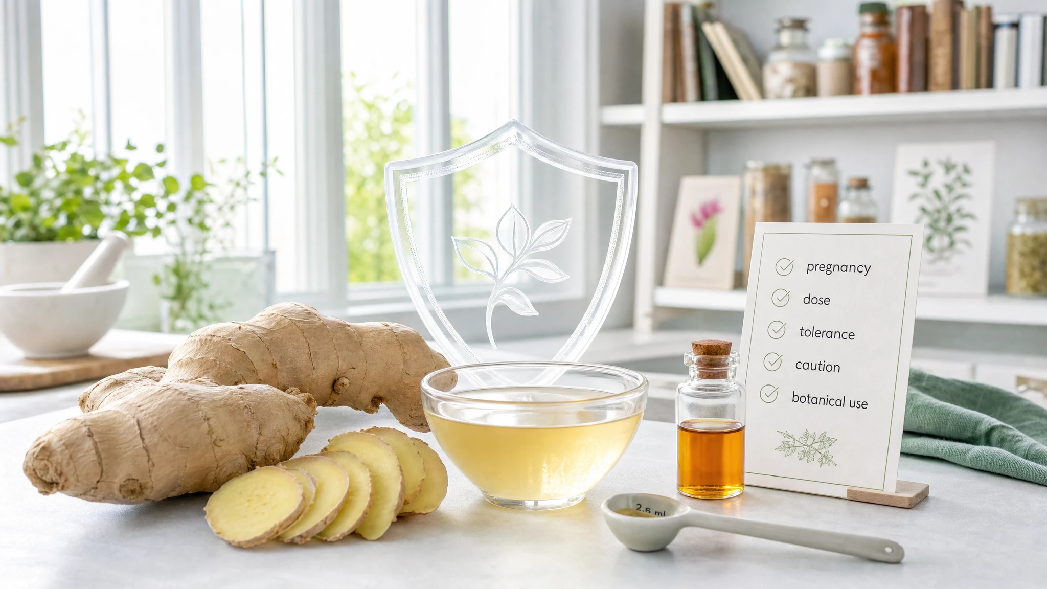 Fresh ginger, infusion, and small glass extract, with caution symbols and safe use in a bright clinical-domestic context.