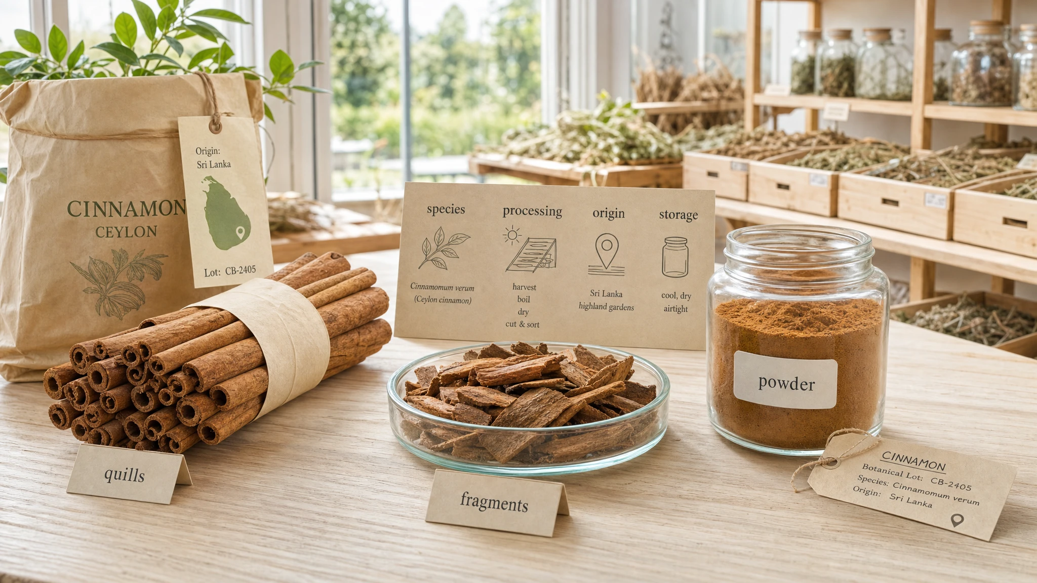 Cinnamon sticks, fragments, and powder, with commercial labels and botanical context, to show species, processing, and origin.