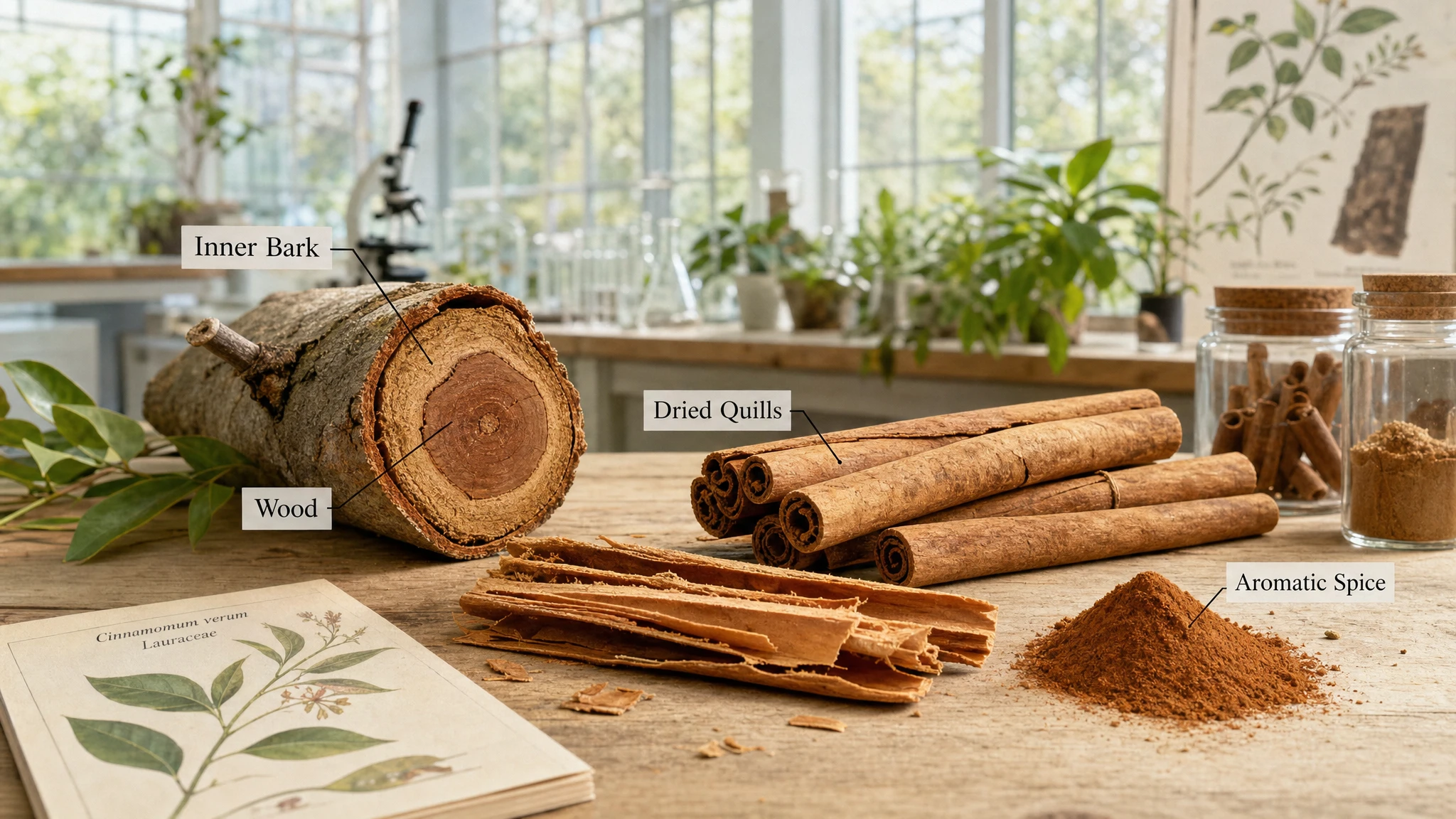 Dried inner cinnamon bark with sticks, powder, and botanical reference in a bright scientific setting.
