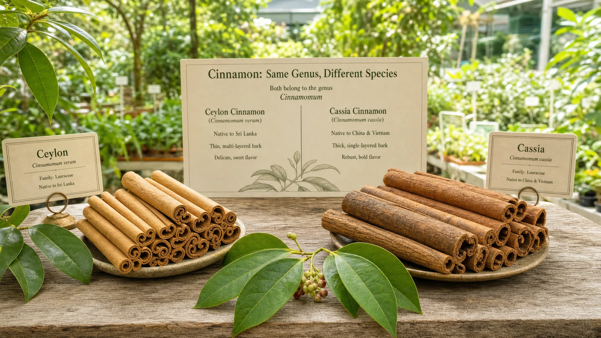 Visual comparison between Ceylon cinnamon and cassia, with botanical labels and different bark structures.