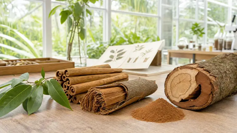 Dried inner cinnamon bark with sticks, powder, and botanical reference in a bright scientific setting.