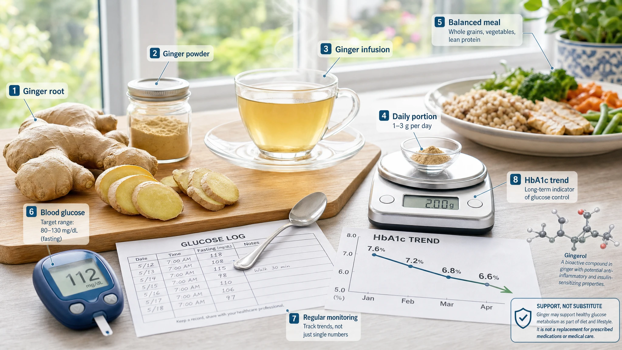 Still life with ginger, a cup of herbal tea, a glucometer, and an HbA1c chart on a kitchen counter, in a calm, domestic-scientific setting.