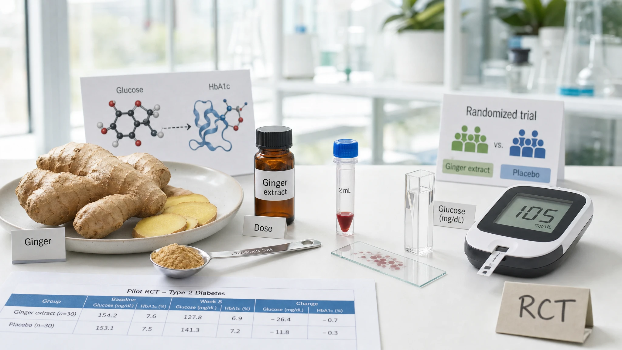 Photographic still-life with ginger, a blood test tube, an 