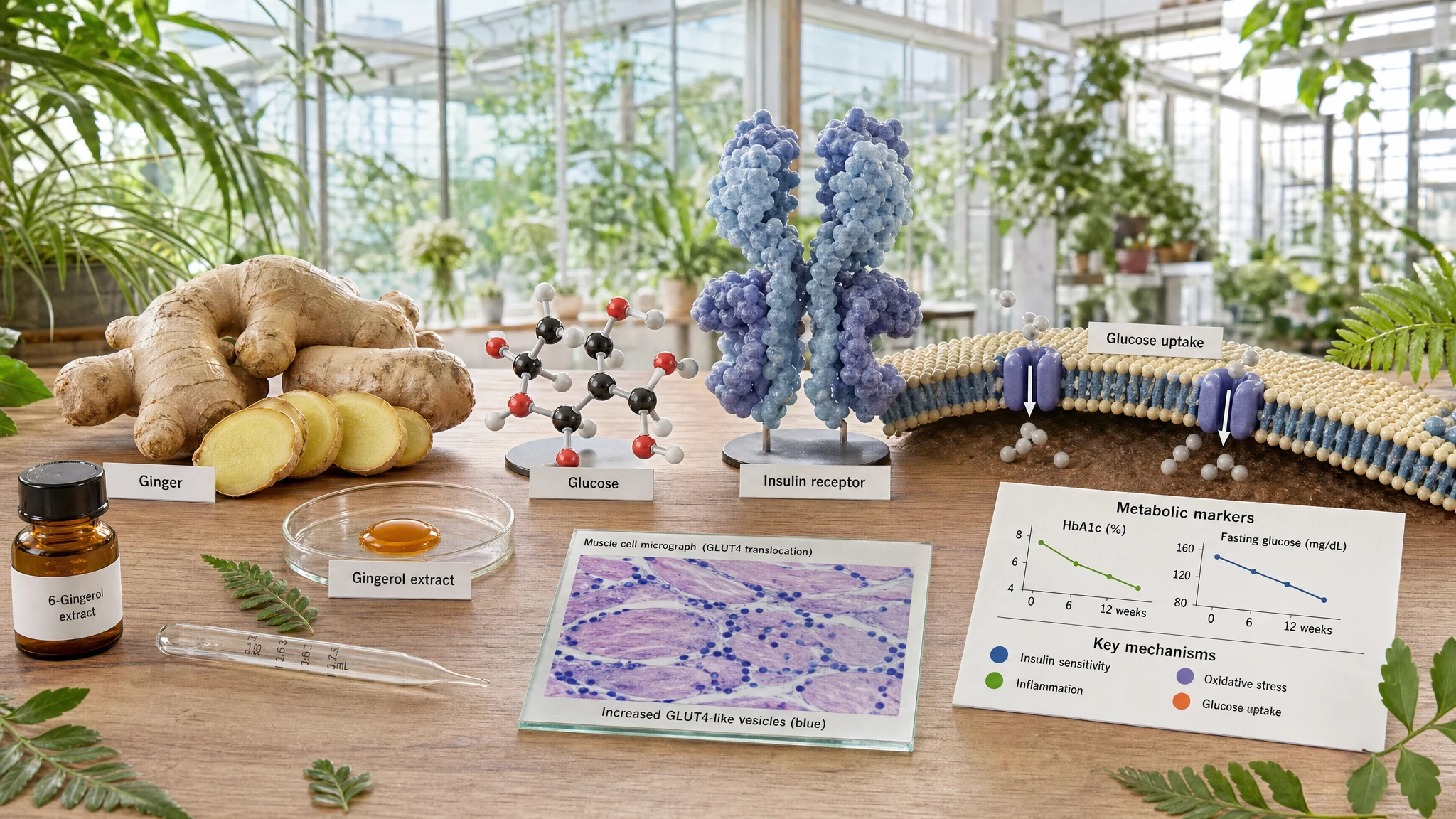 Photographic still-life of ginger, molecular models, a microscope slide, and an HbA1c chart in a scientific greenhouse, with no people.