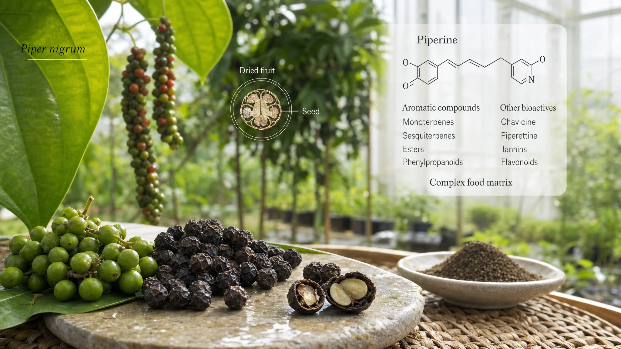 Peppercorns, green berries, and Piper nigrum vine illustrating black pepper’s botanical origin and complex composition.
