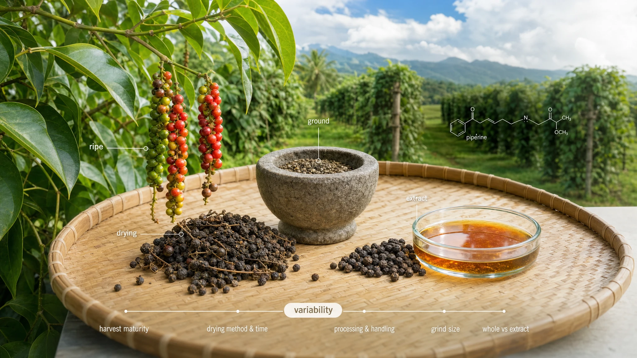 Black pepper in different forms alongside fruits, drying process, and extract, to show the variability of piperine.