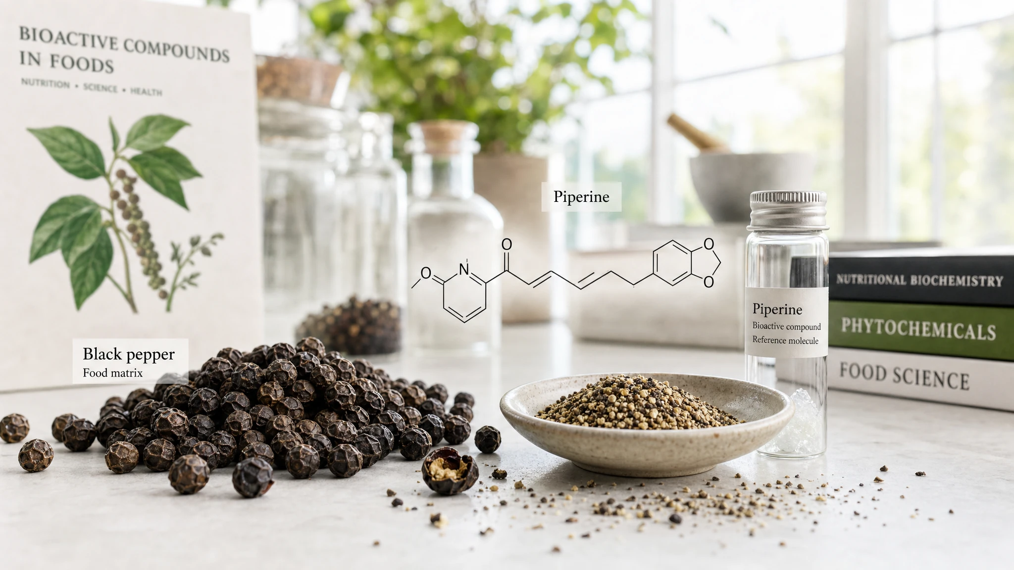 Peppercorns with a subtle piperine molecular overlay, showing the bioactive compound most studied in black pepper.