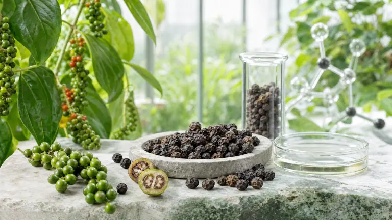 Peppercorns, green berries, and a cut-open Piper nigrum fruit showing the botanical origin and complex structure of black pepper.
