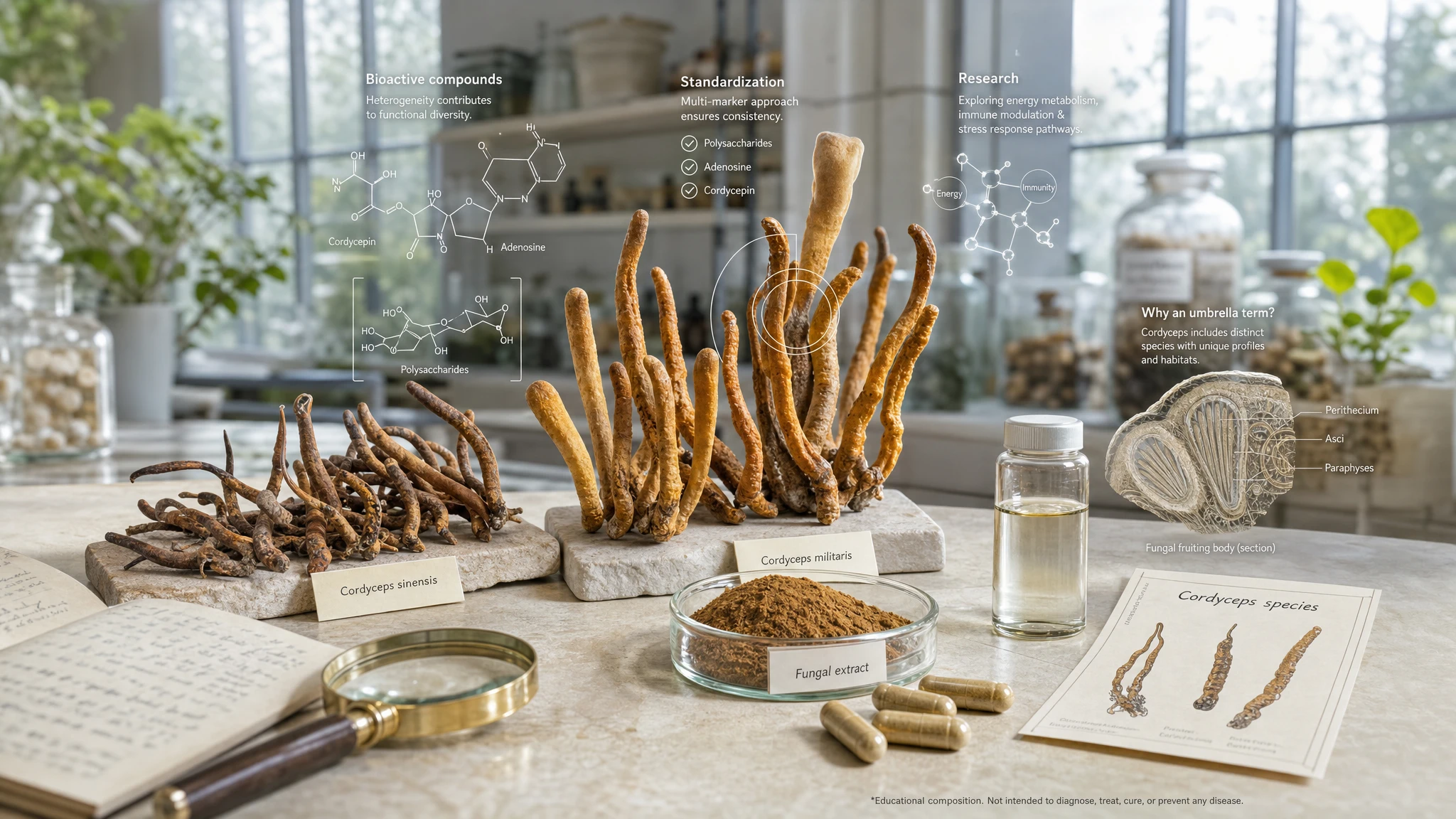 Scientific composition featuring cordyceps mushrooms, extract, and molecular symbols illustrating variety and bioactive compounds.