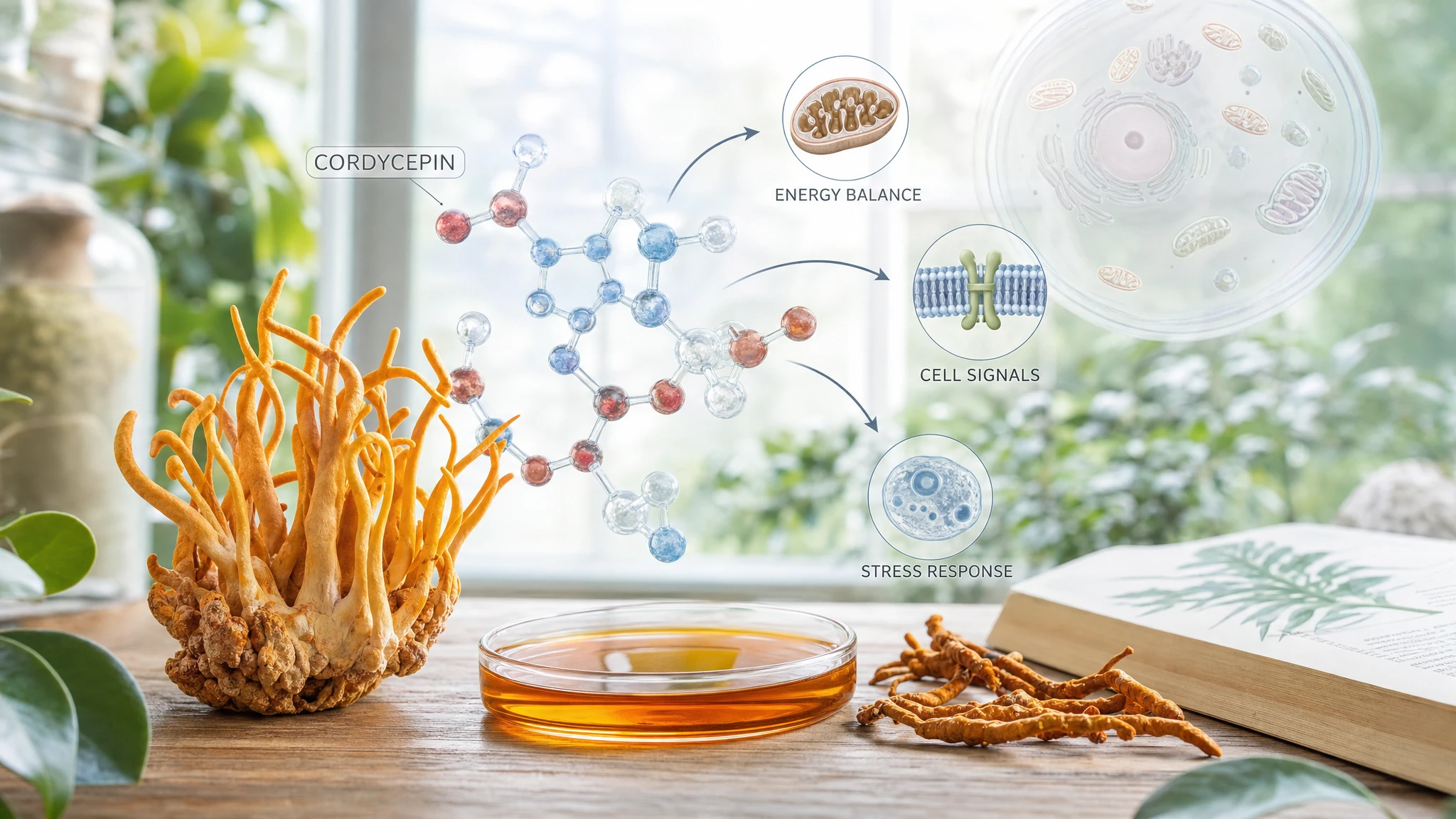 Cordyceps and cellular molecules in a scientific scene illustrating energy, growth signals, and stress response.