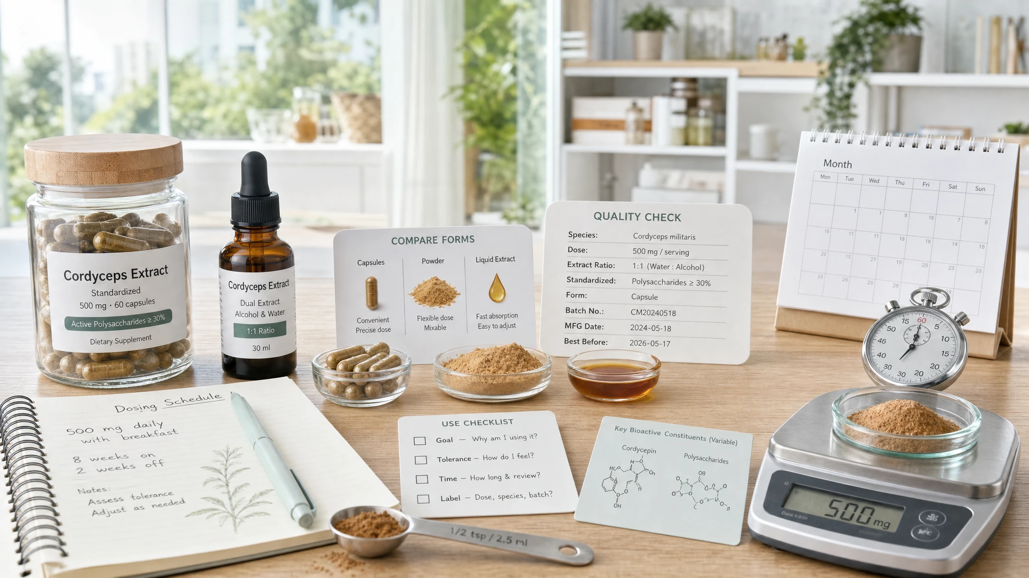 Scientific still-life with capsules, powder, label, and checklist, to explain the prudent and informed use of cordyceps.