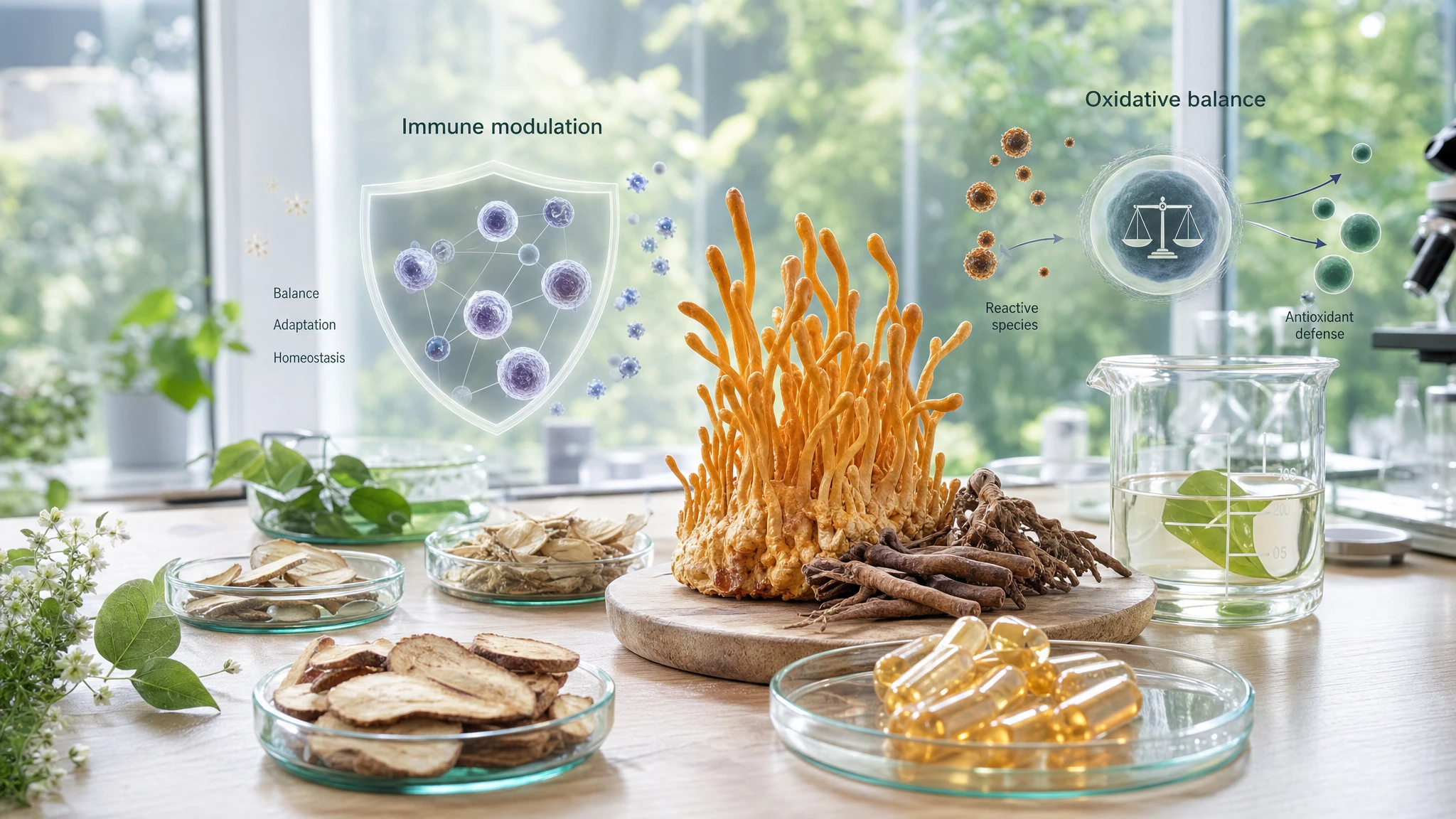 Cordyceps in a bright scientific scene, with references to immunity, antioxidant defenses, and the balance of oxidative stress.