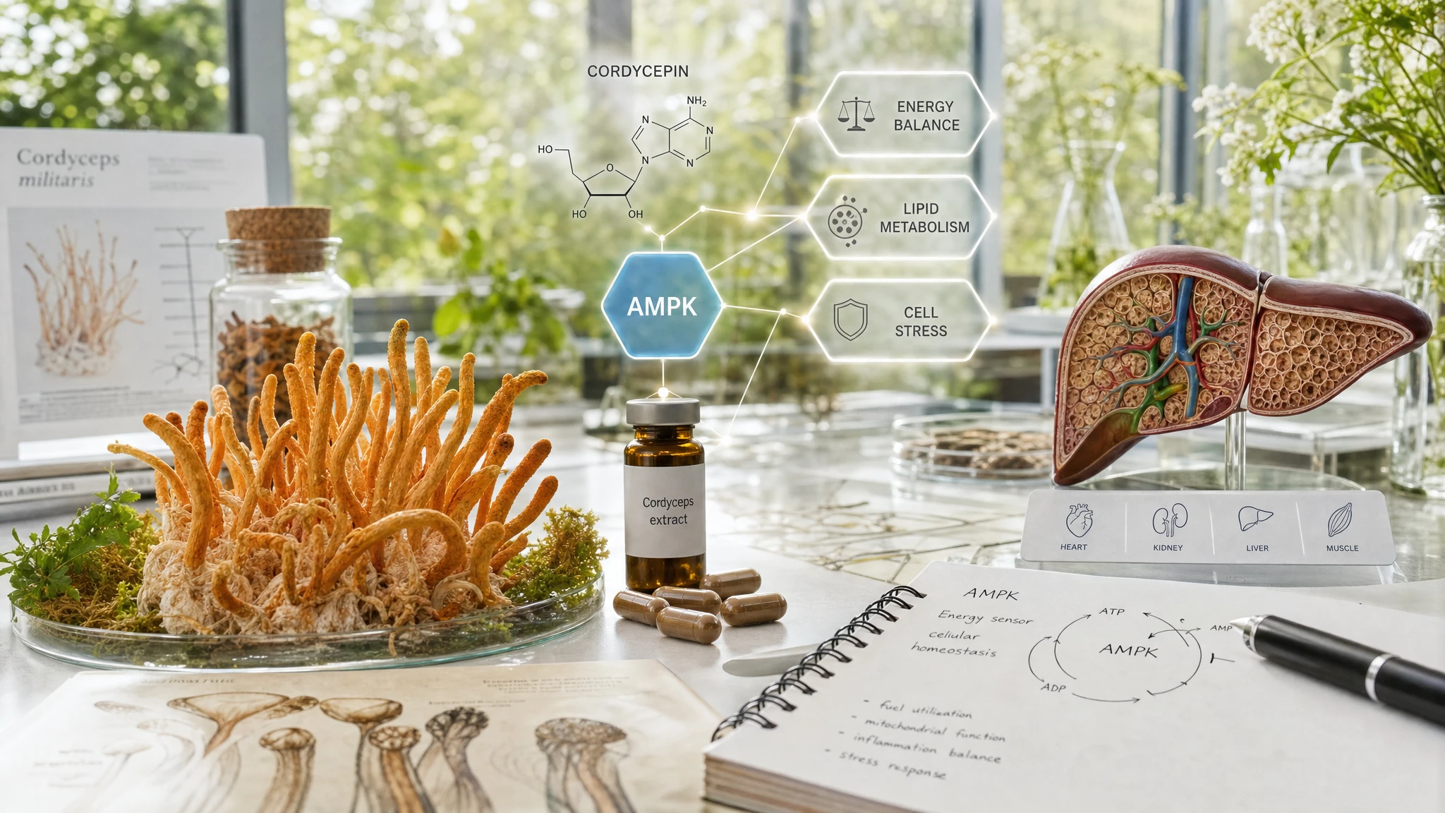 Cordyceps, cordycepin, and AMPK in a bright scientific scene focused on metabolism and cellular stress response.