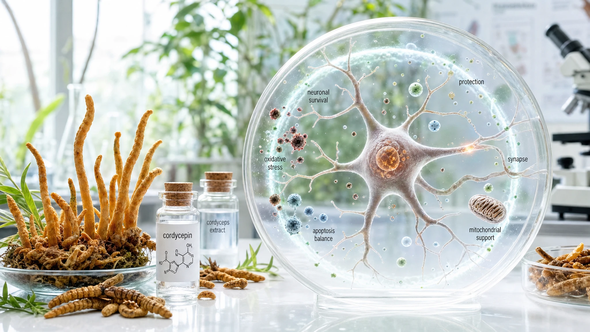 Cordyceps, neuronal pathways, and oxidative particles in a scientific scene suggesting cellular protection and survival.