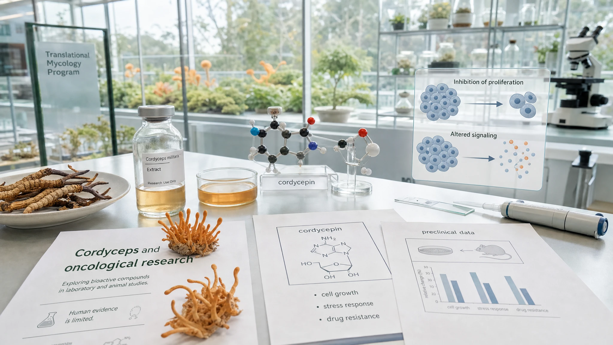 Scientific still-life with cordyceps, cordycepin, cell models, and oncology research documents in a bright environment.