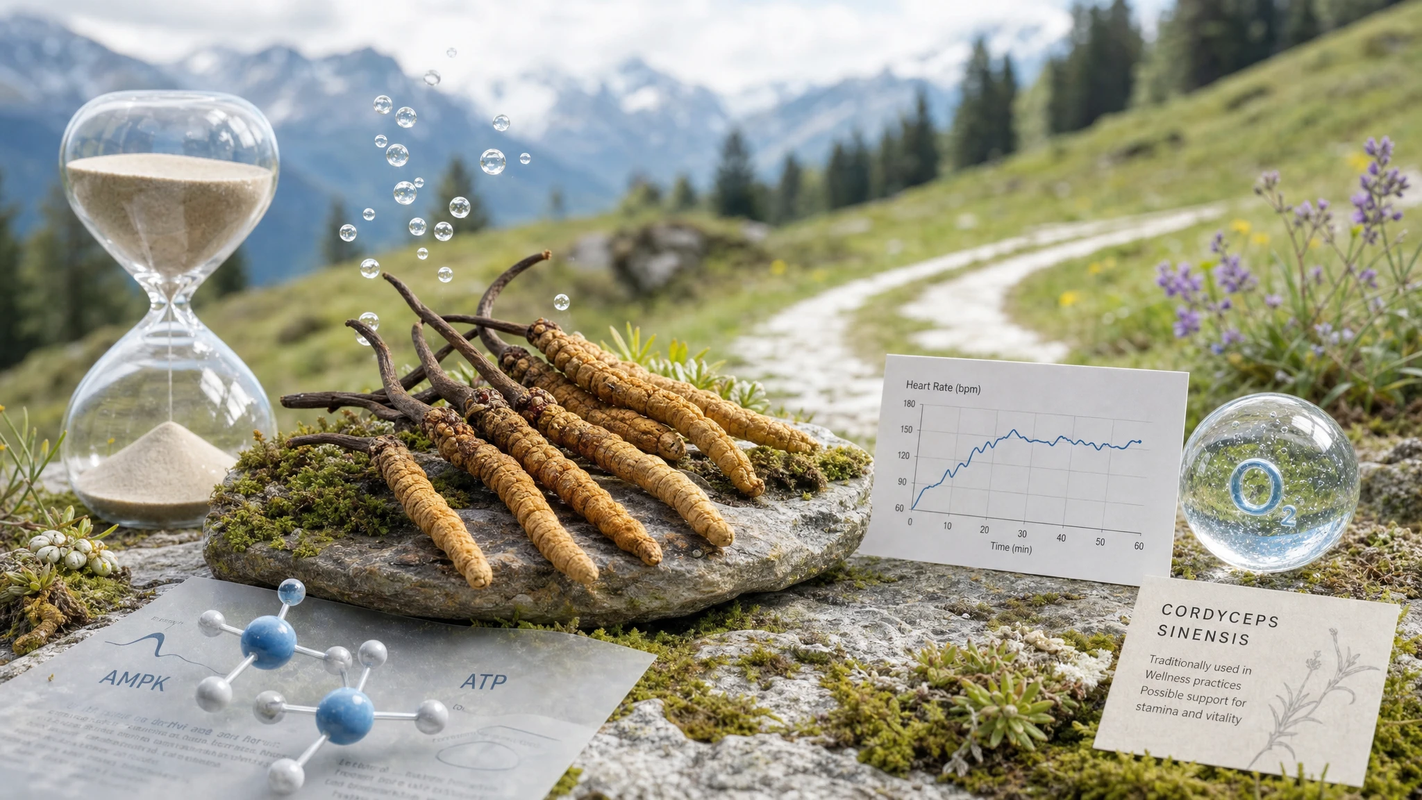 Cordyceps in a natural setting with references to endurance, cellular energy, and physical performance, in a scientific editorial style.