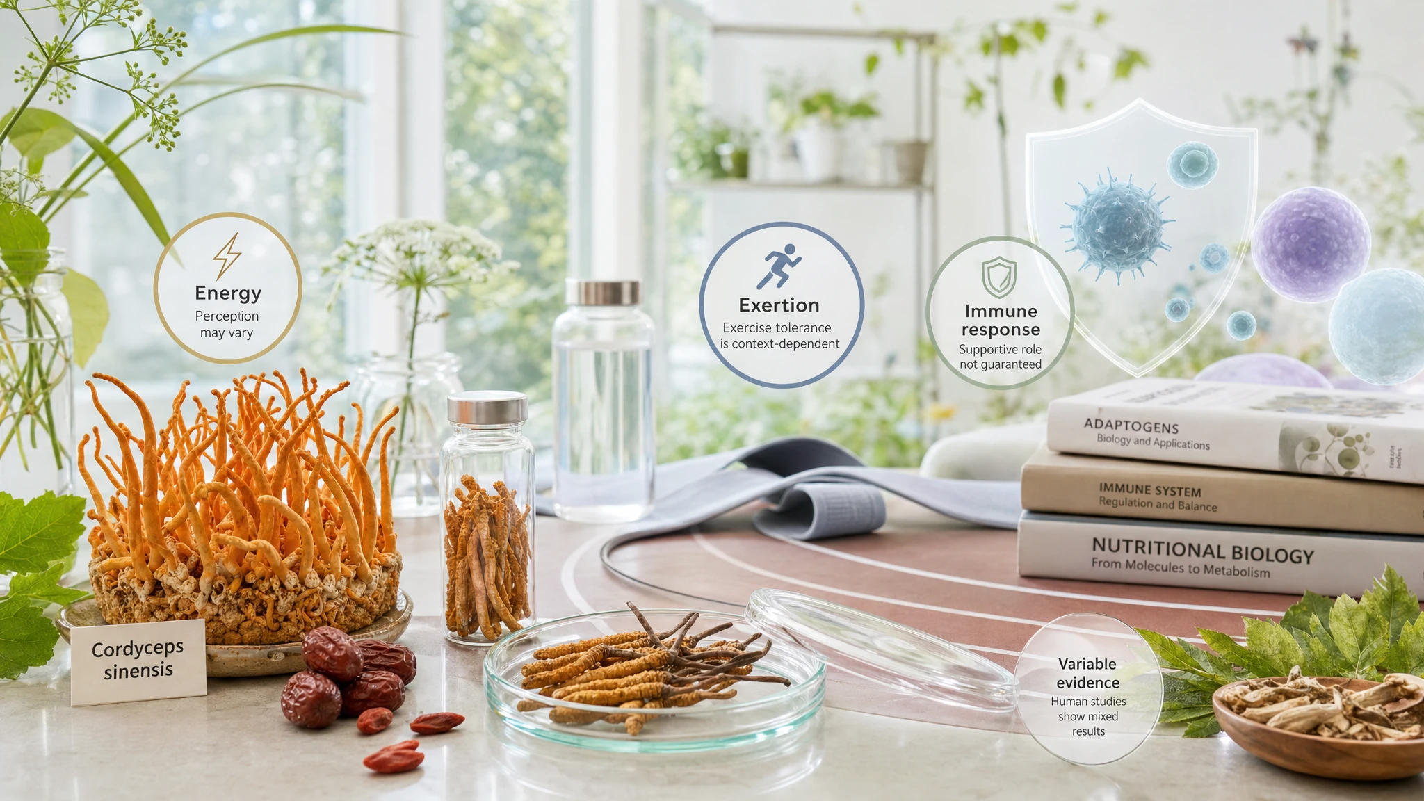 Scientific still life of cordyceps with references to energy, physical exertion, and immune support, in a natural and realistic setting.