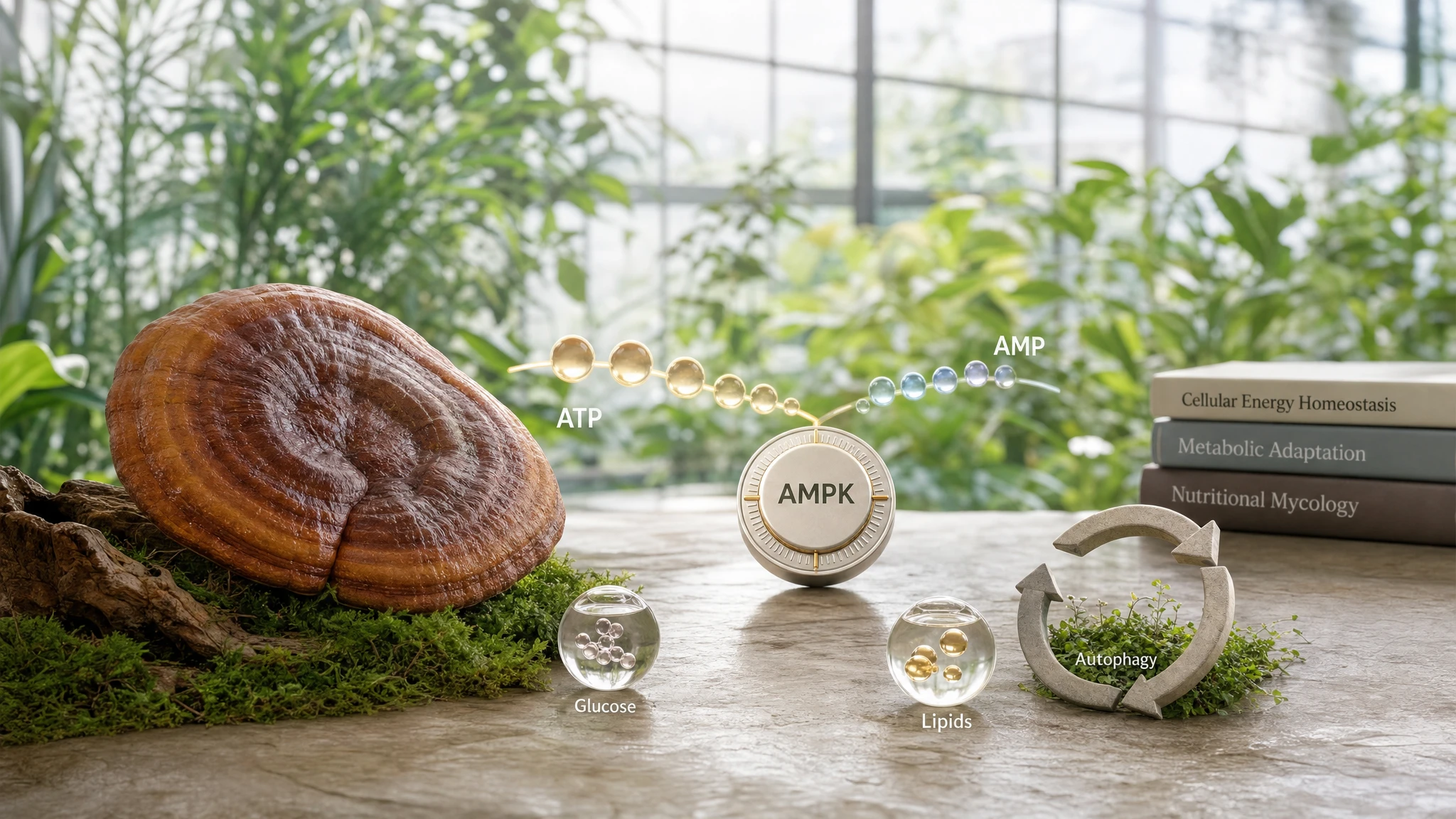 Reishi in a botanical setting with symbols of AMPK, ATP, glucose, and autophagy, representing cellular energy metabolism.