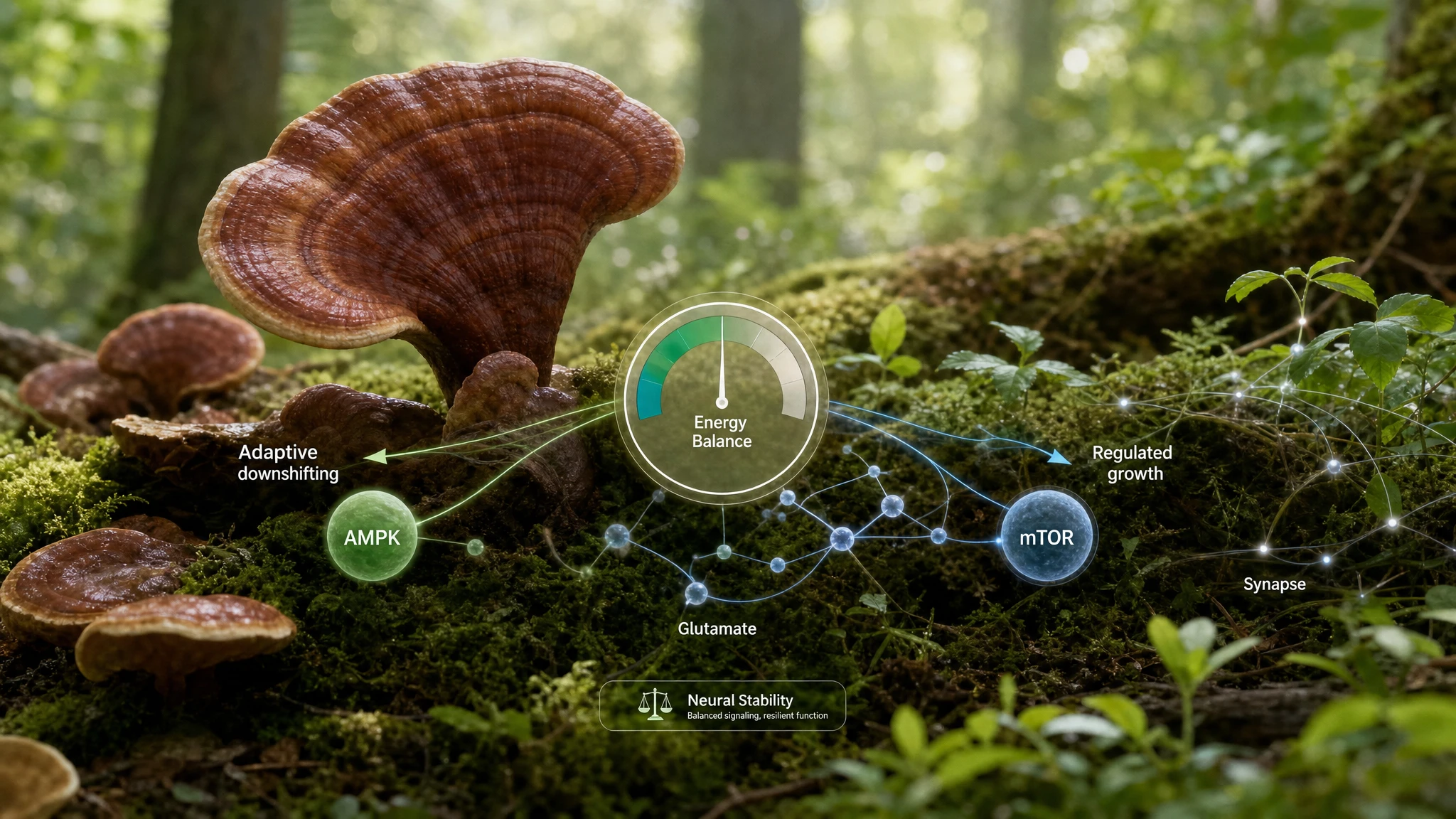 Reishi in a natural environment with biological symbols referring to AMPK, mTOR, and glutamate, to illustrate neuronal energy balance.