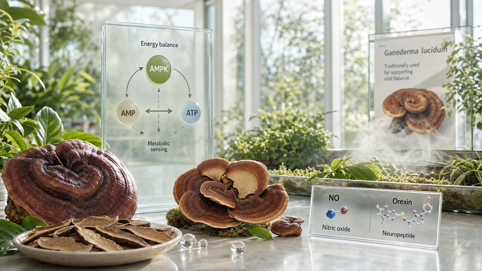 Reishi in a botanical-scientific setting, with visual references to AMPK, nitric oxide, and orexin, to illustrate energy and wakefulness.