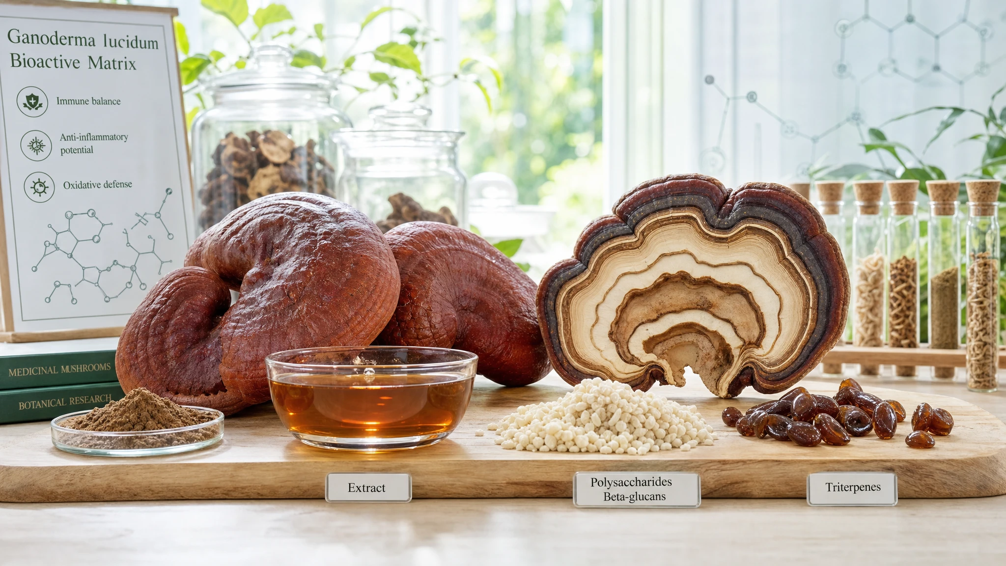 Reishi with extract, granules, and botanical structures illustrating its bioactive matrix and functional properties.