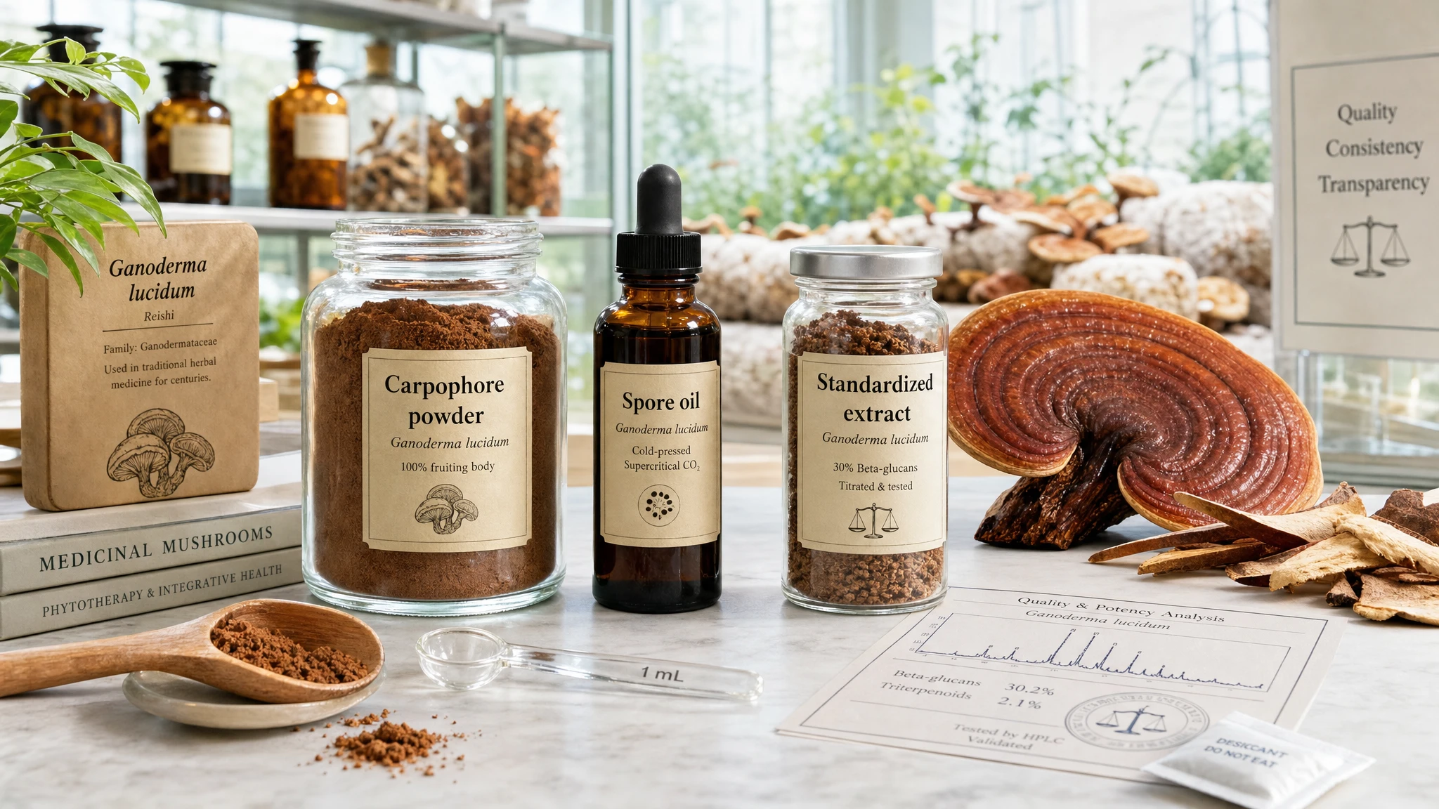 Scientific composition with various reishi preparations, highlighting standardized extract, powder, and spore oil in a botanical context.