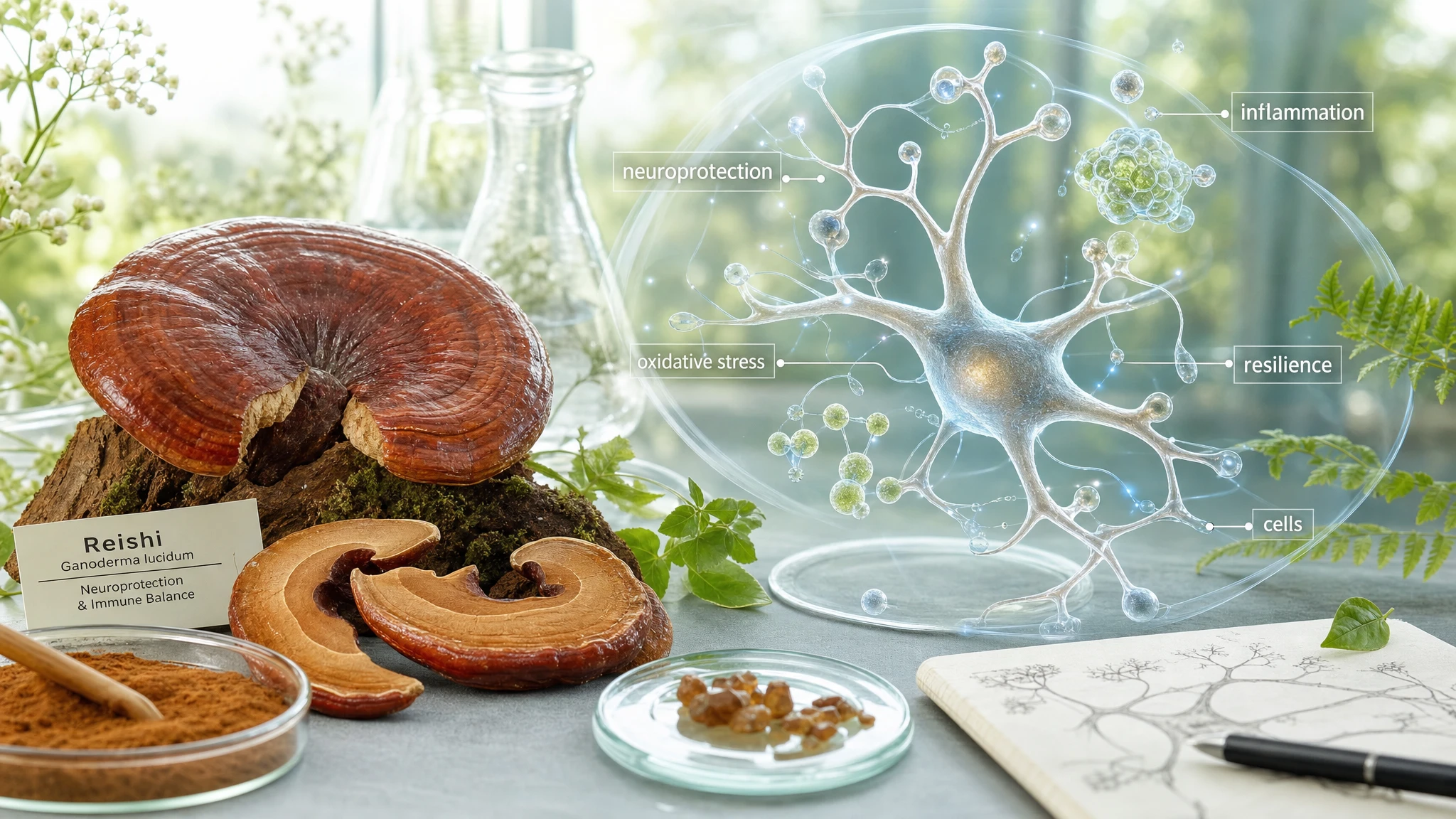 Reishi next to stylized neuronal structures, with symbols of cellular protection and modulation of oxidative stress.