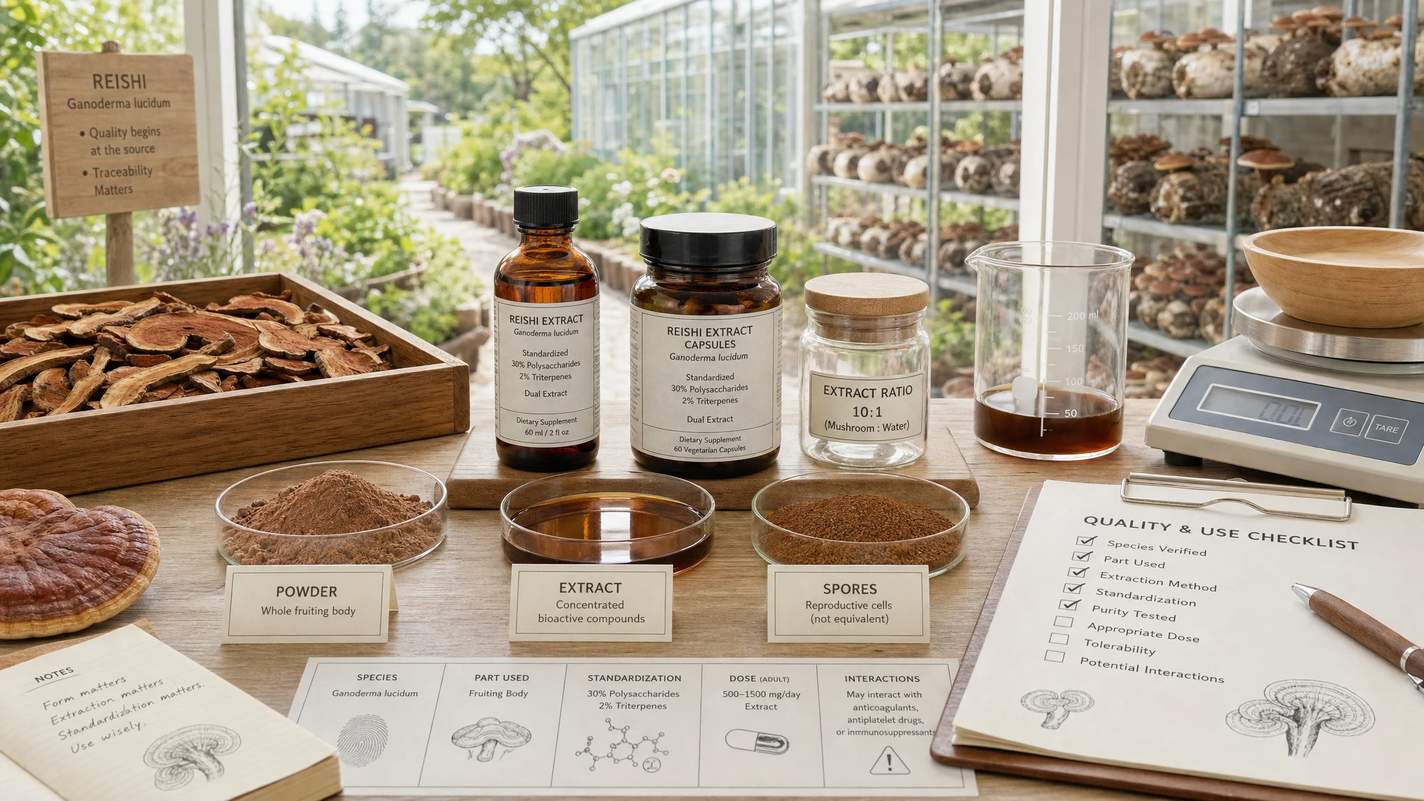 Reishi in various forms including extract, capsules, and quality control, to explain selection, dosage, and safety of use.