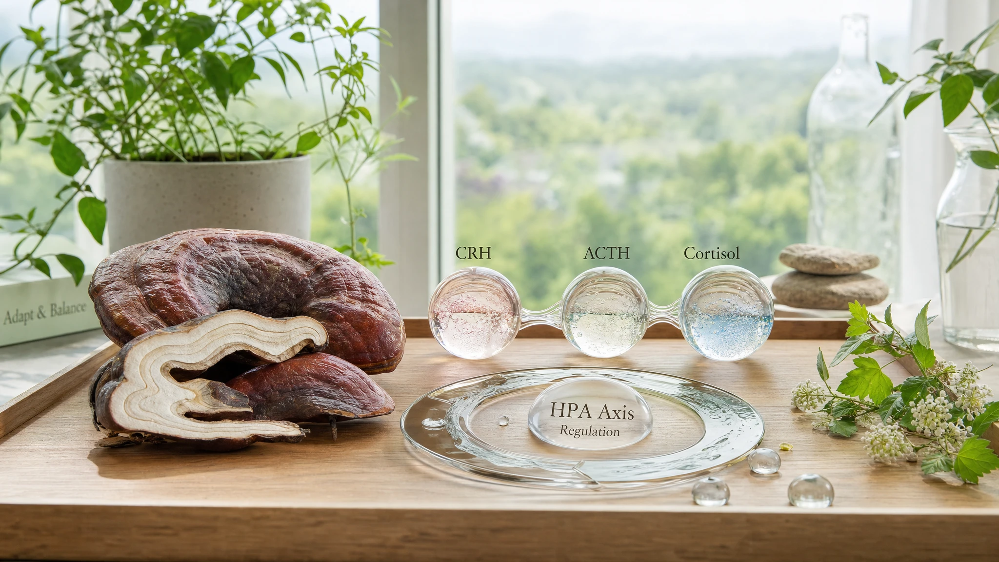 Still life with Reishi and HPA axis symbols, illustrating CRH, ACTH, and cortisol as a regulated stress axis.