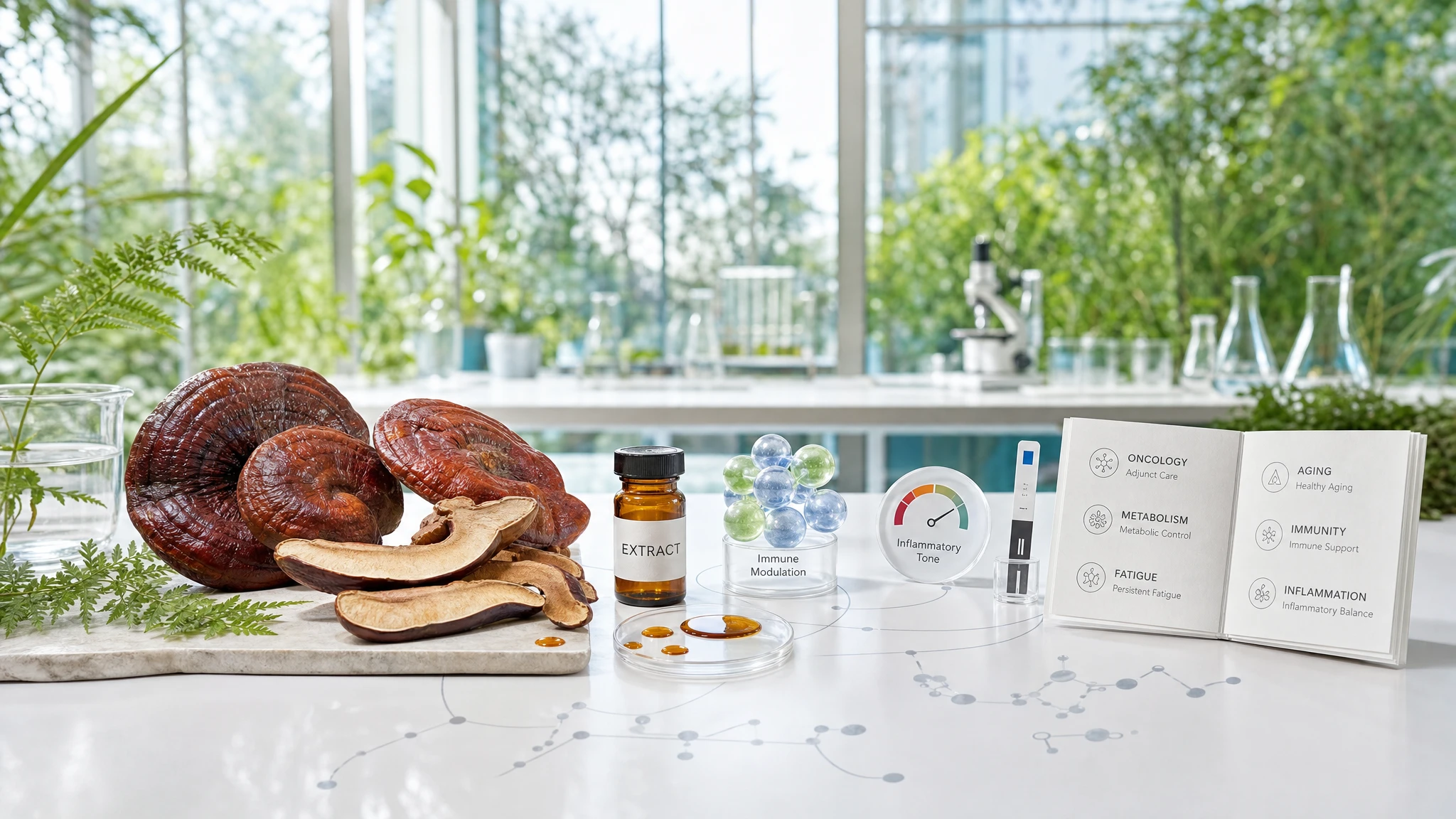 Reishi in a natural scientific context with references to oncology, metabolism, fatigue, immunity, and inflammation.