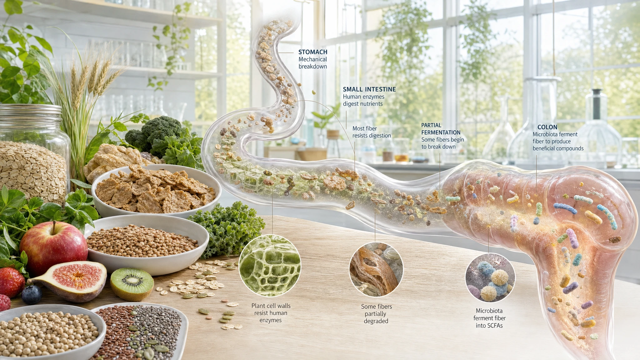 Visual pathway of dietary fiber from upper digestion to the colon, with partial transformations and microbial fermentation.