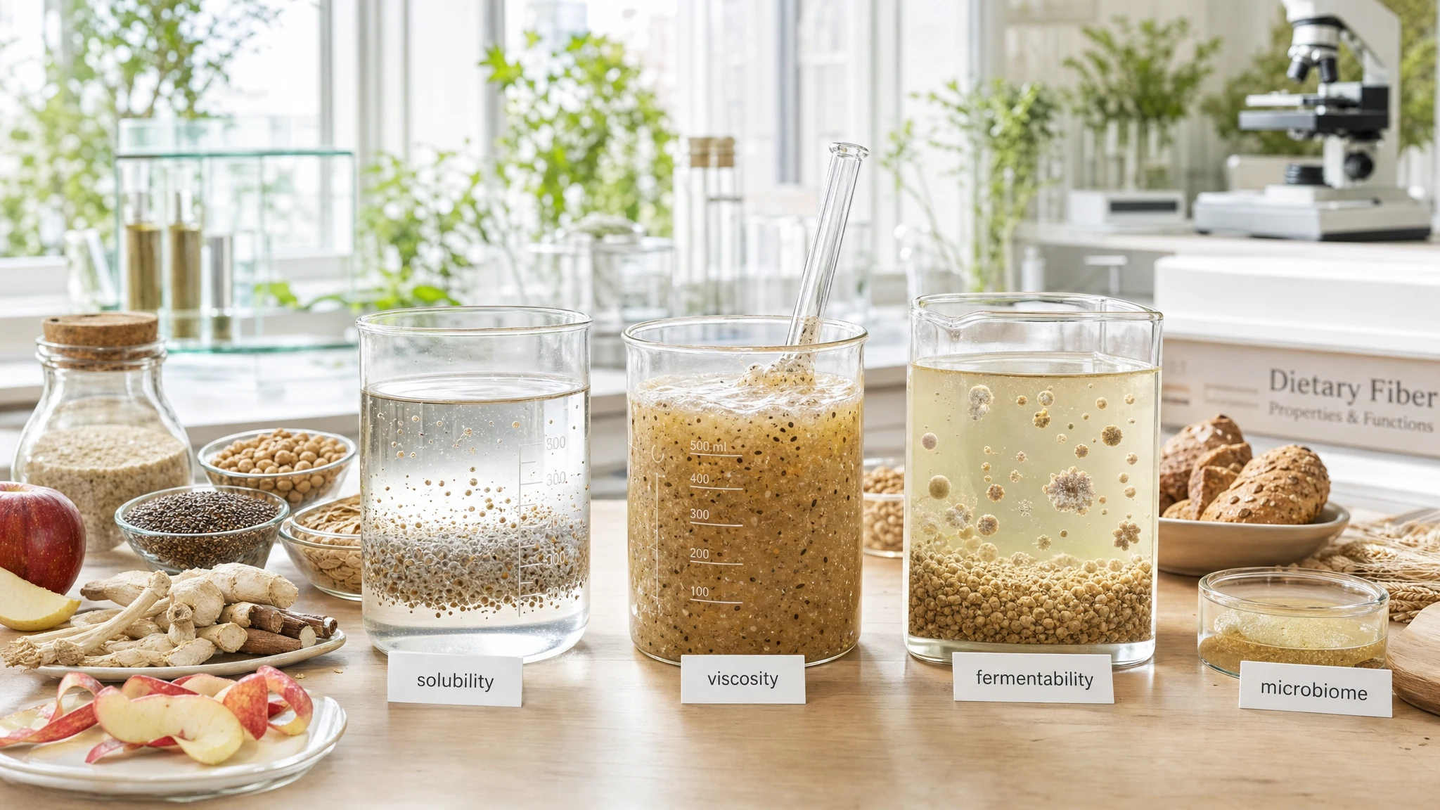 Scientific composition with plant fibers, water, gel, and microbiota to explain solubility, viscosity, and fermentability.