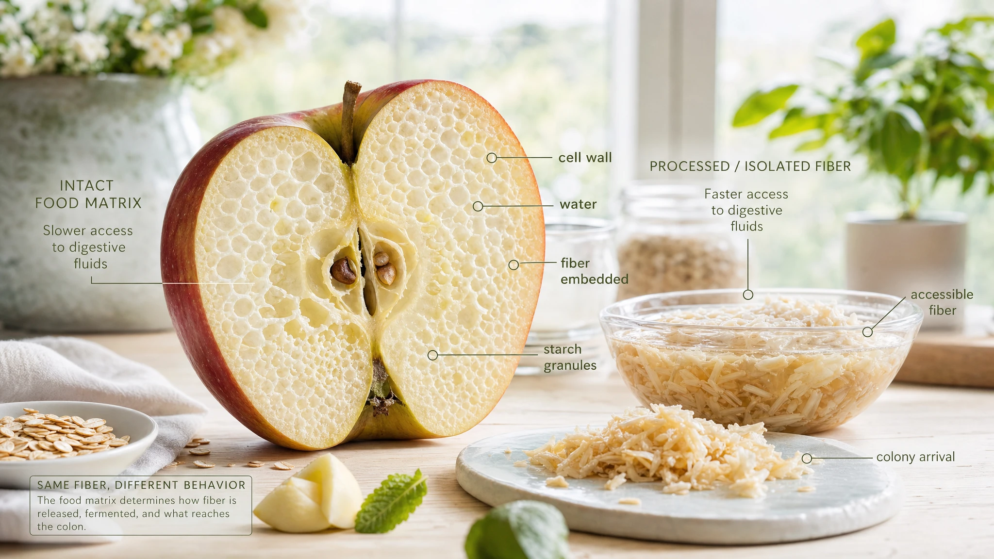 Plant food in cross-section showing fibers trapped in the food matrix and a more accessible version for comparison.