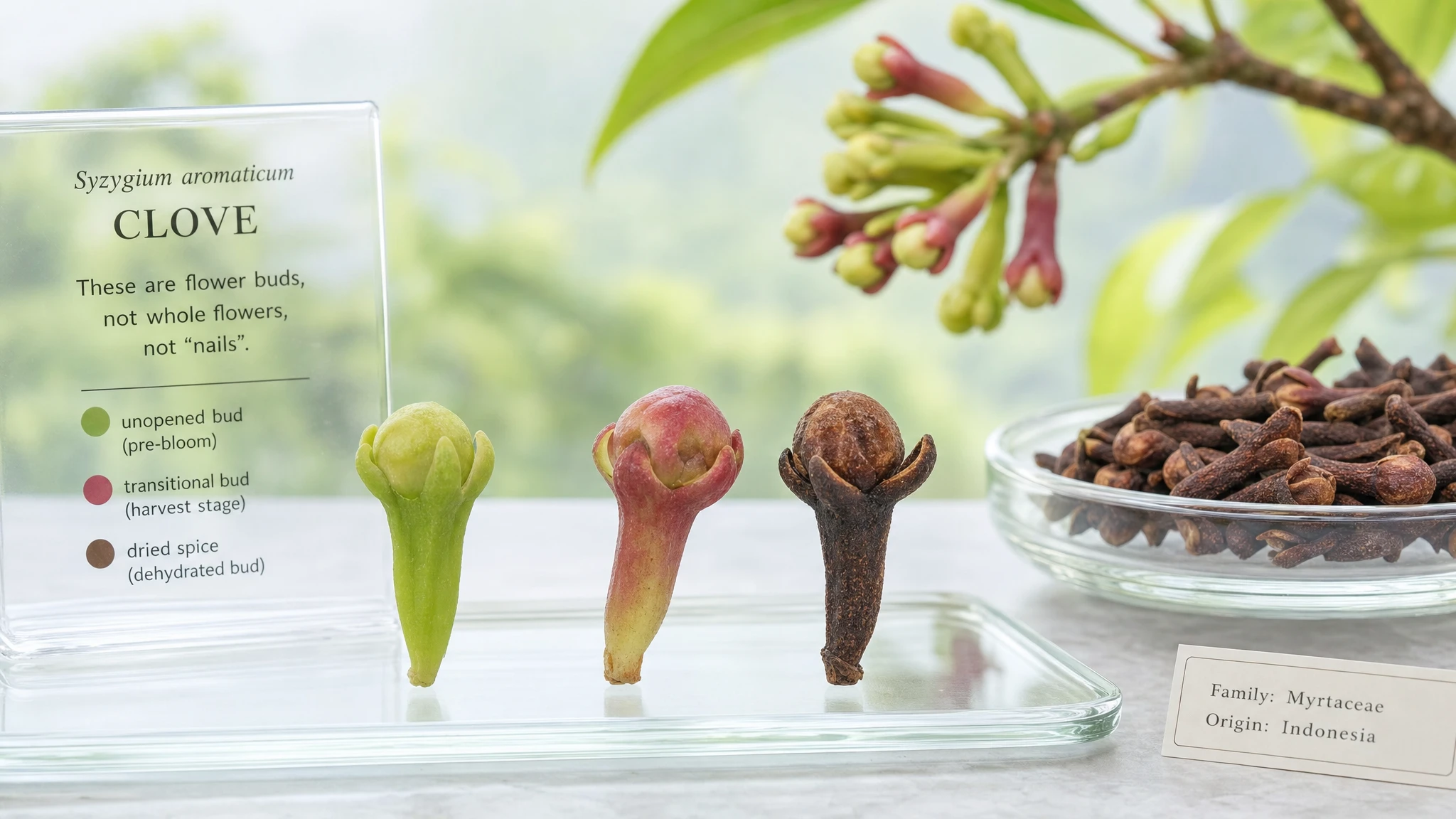 Dried clove buds with botanical detail and a blurred natural tropical background.