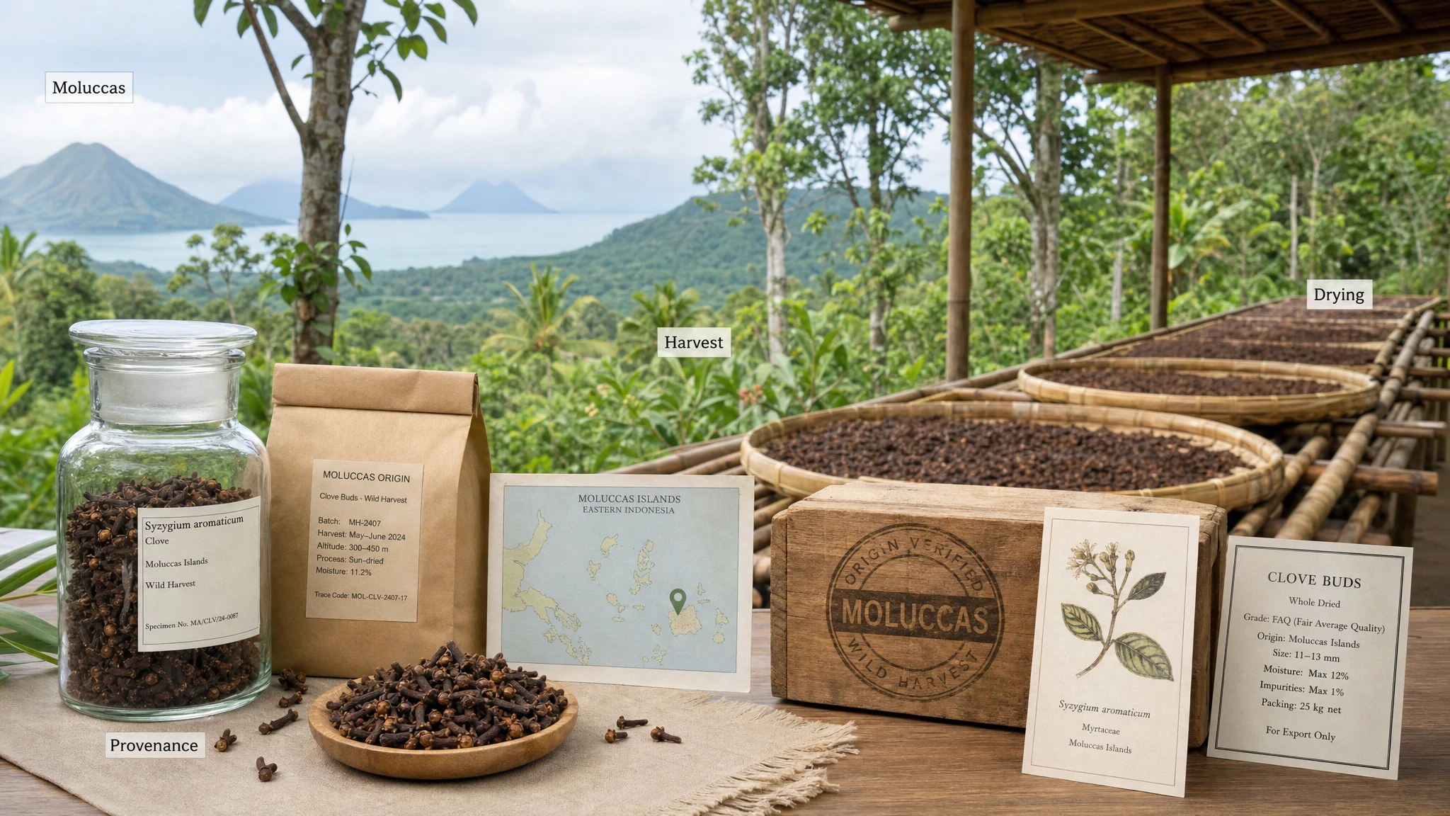 Tropical landscape with dried cloves, harvesting baskets, a map of their origin, and the agricultural context of the Moluccas.