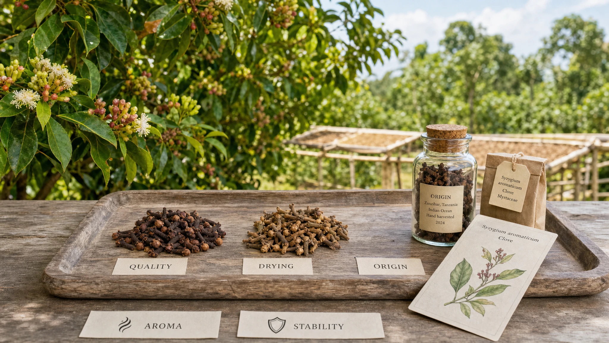 Three groups of cloves showing differences in origin, drying, and final quality, in a natural botanical setting.